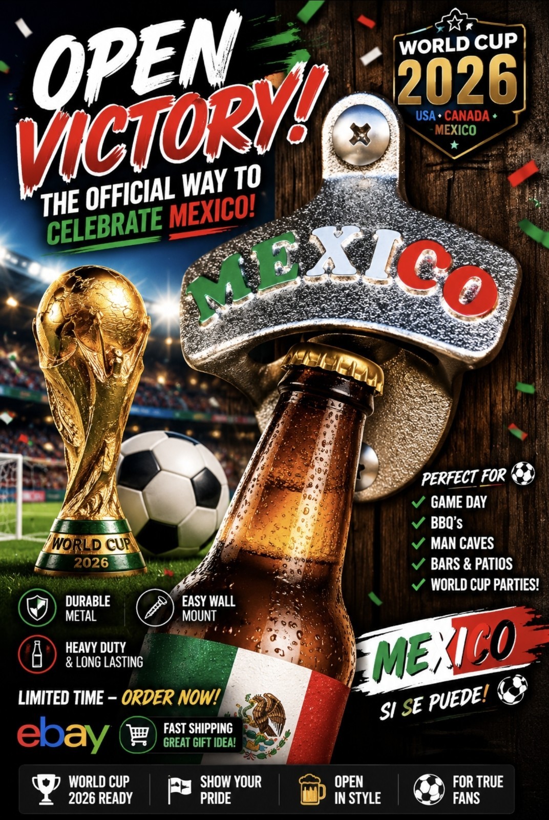 🇲🇽 Mexico Wall Mounted Bottle Opener | World Cup 2026 Soccer Fan Bar Decor ⚽🍺