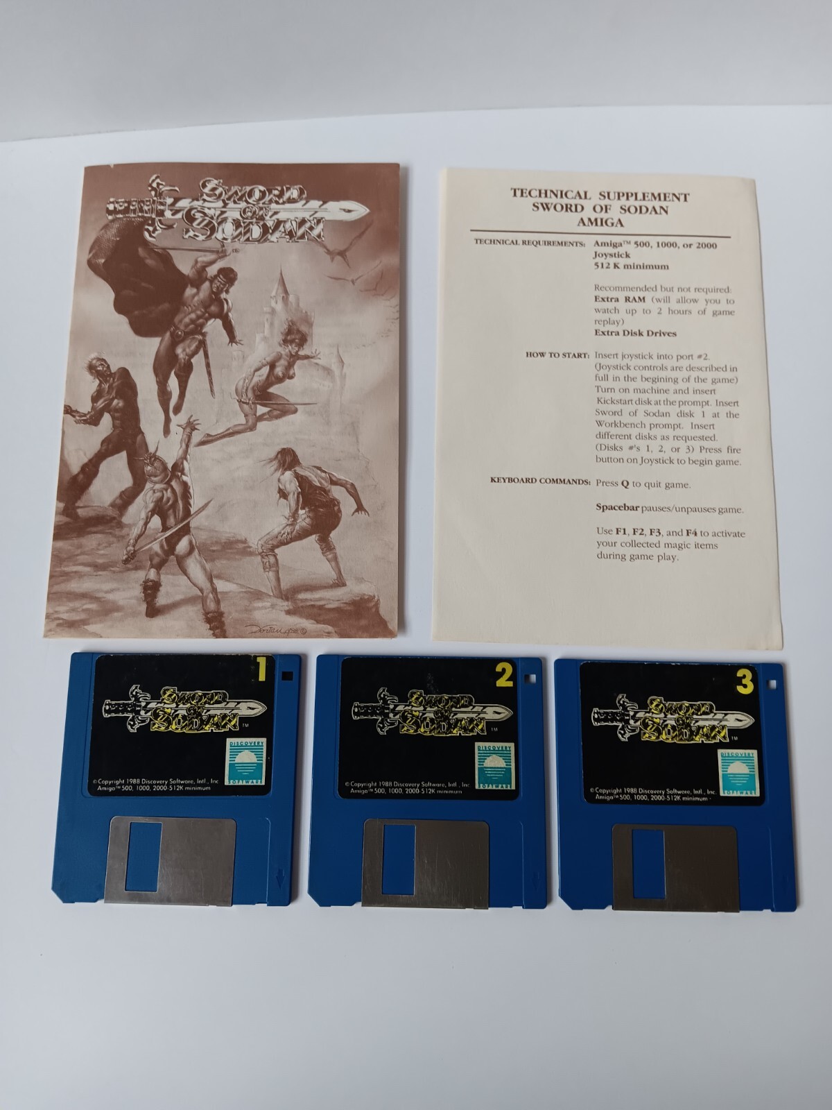Amiga Sword Of Sodan Disks 1 2 3  & Manual Only Tested/Works Discovery Software