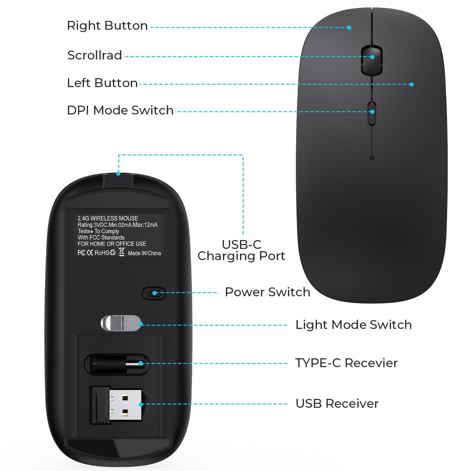 Black Rechargeable USB C Mouse Type C Wireless Mice Portable Optical Quiet Click