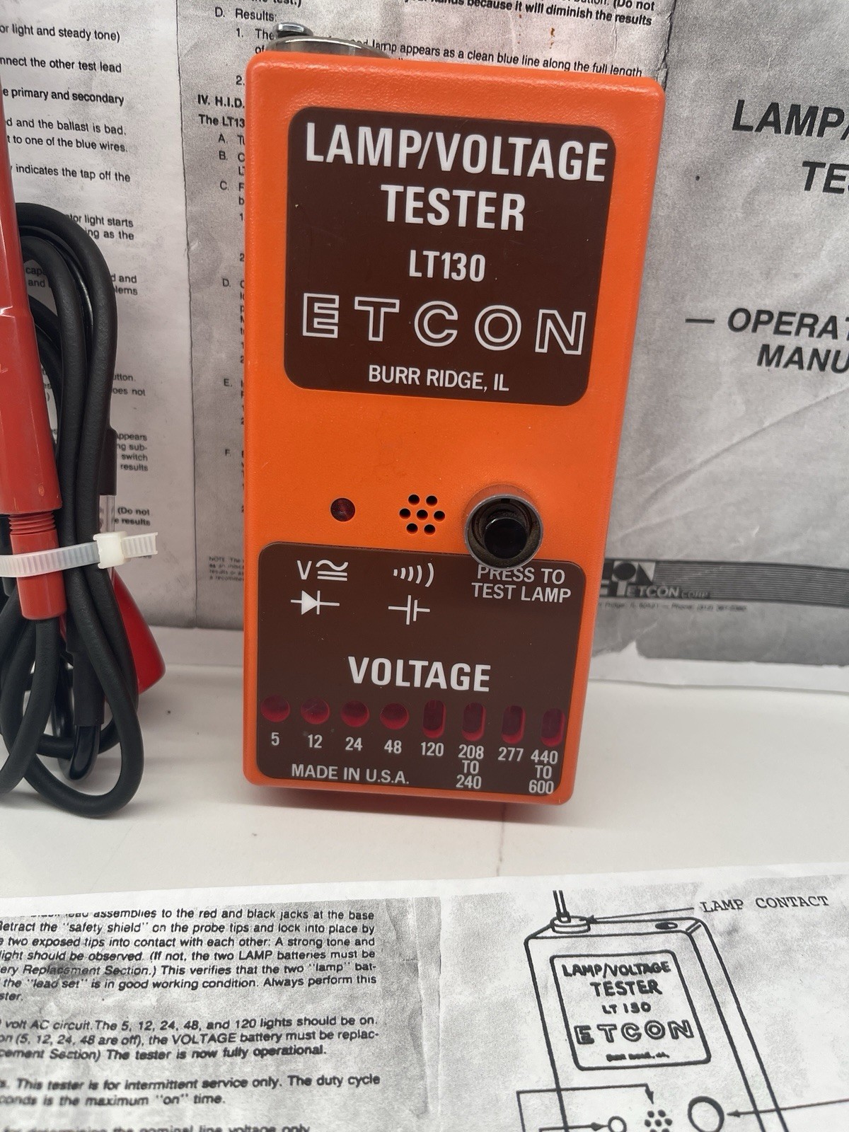 ETCON LT130 LAMP & VOLTAGE TESTER with Lead And Instructions