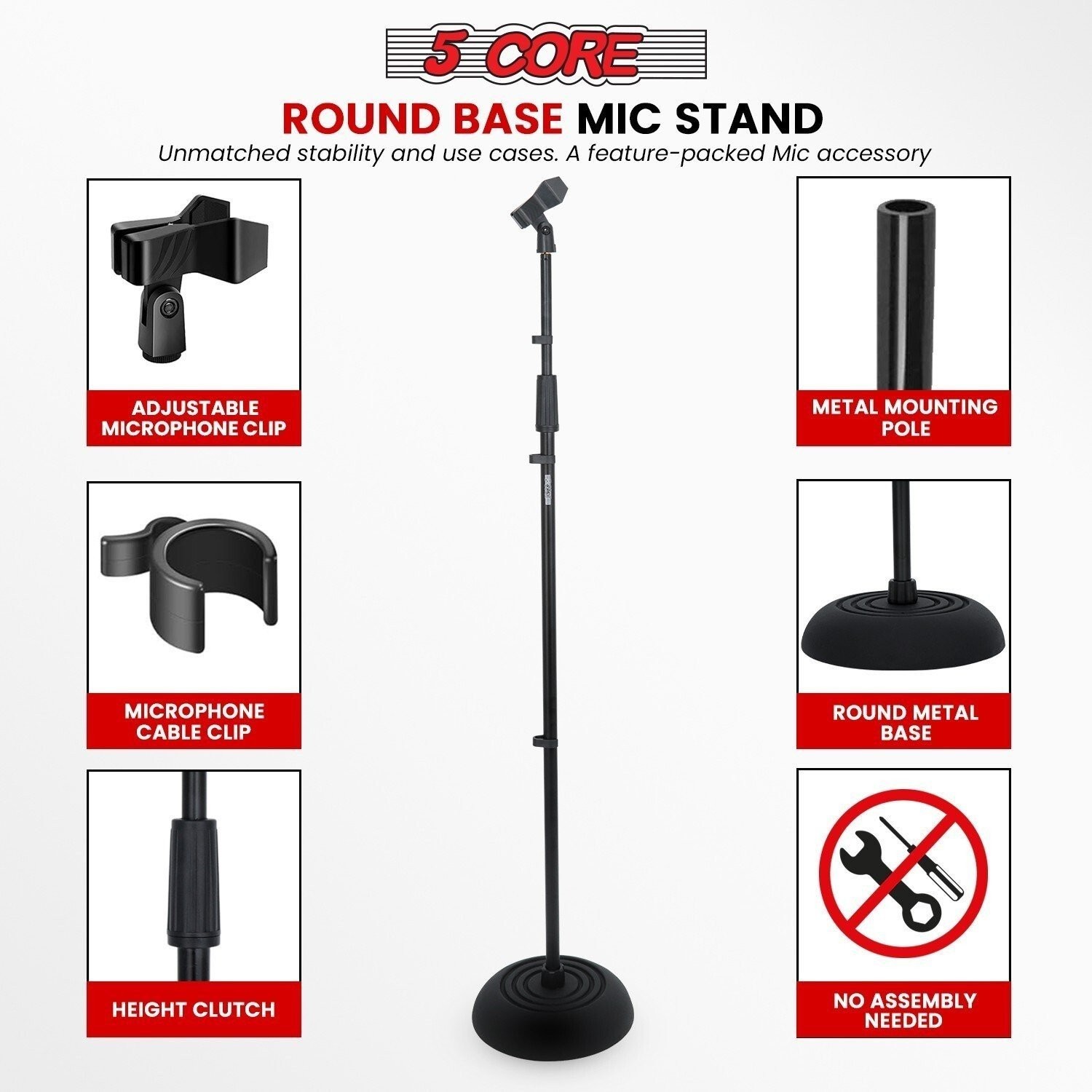5Core Mic Stand Floor Adjustable Round Base Universal Metal Microphone Stands 2x