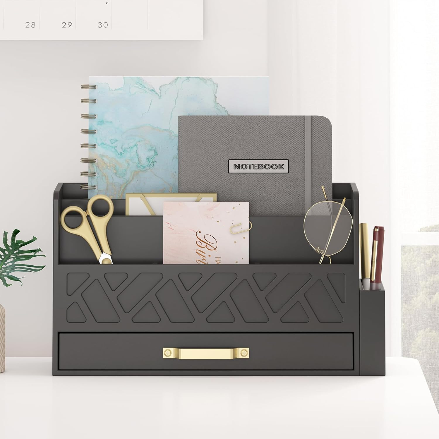 Wisuce Bamboo Mail Organizer Countertop with Drawer and Pen Holder, Black | Magn