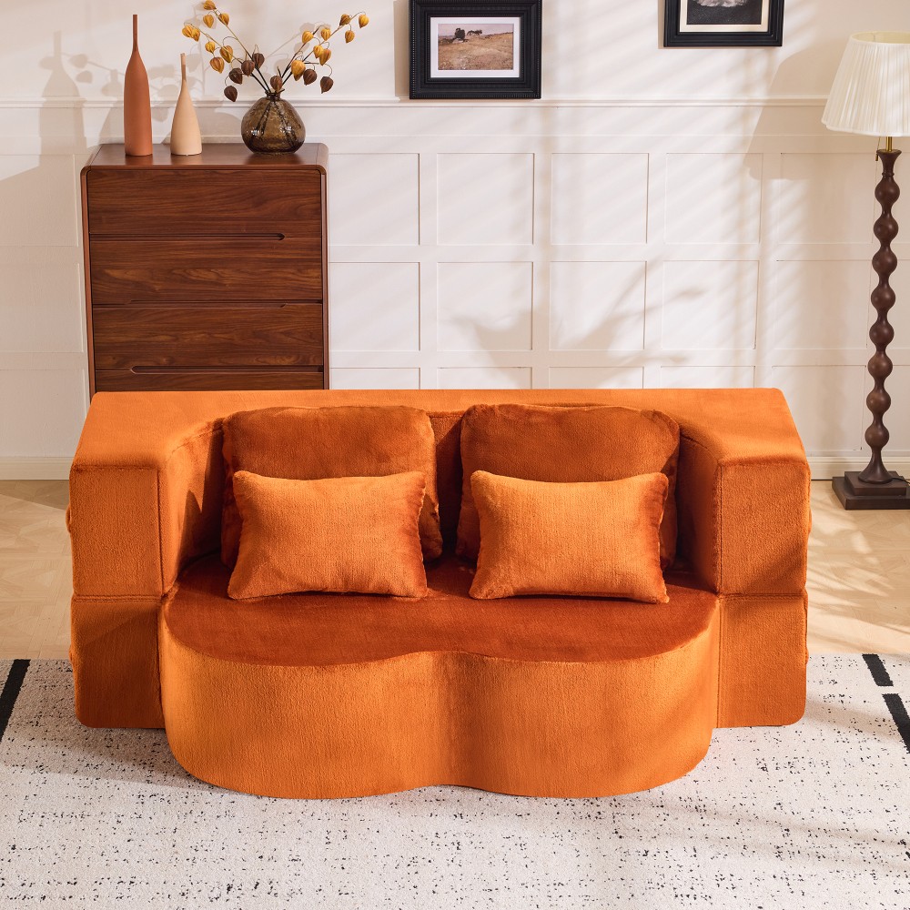 Folding Sofa Bed, Plush Orange Futon Mattress, High Density Foam
