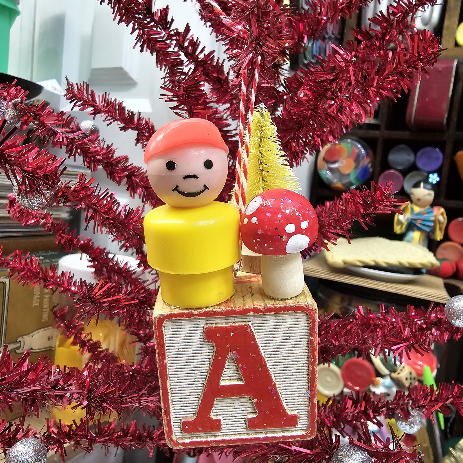 Vintage building block  Fisher Price Little People Christmas Ornament Letter A