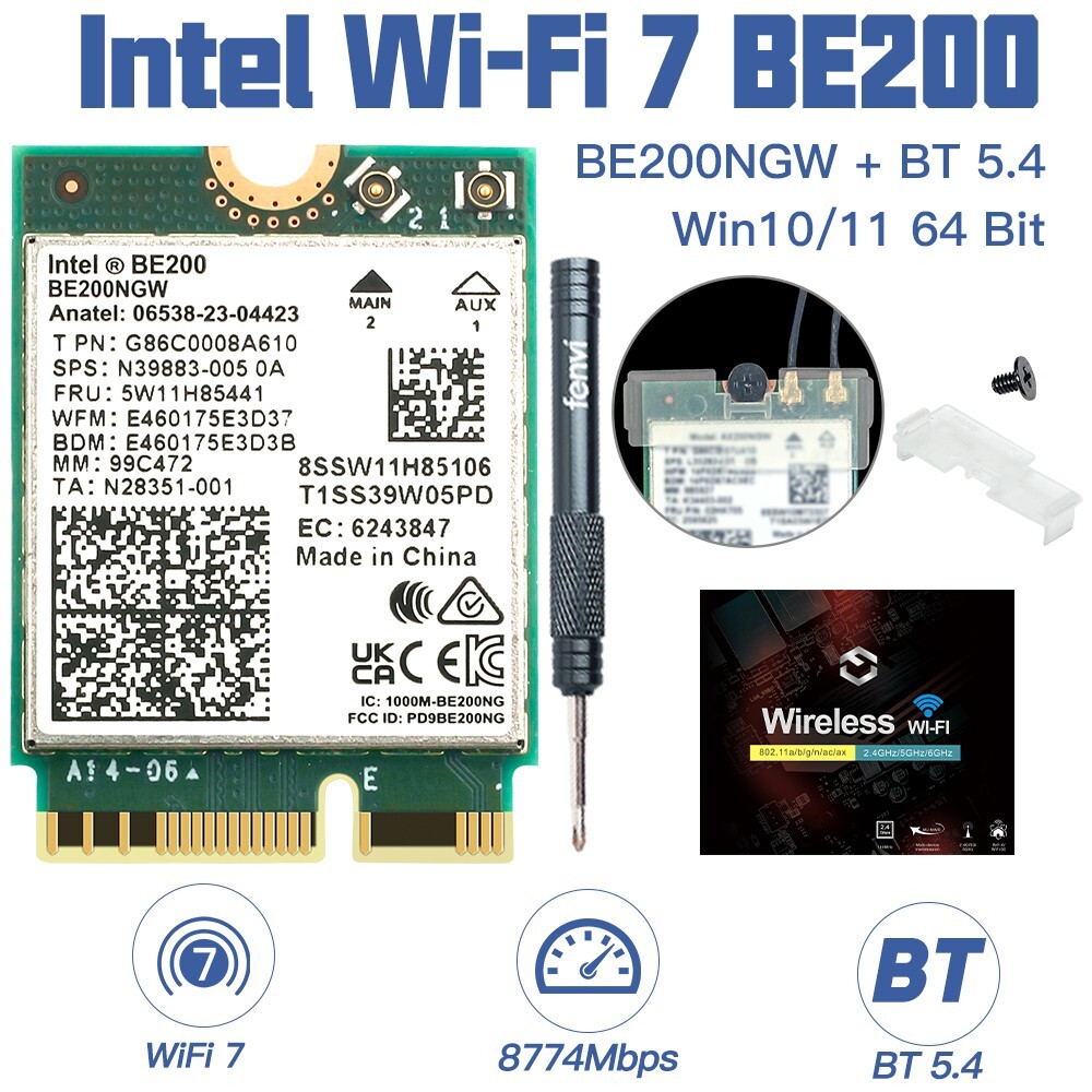 Intel BE200 WiFi 7 M.2 Card 802.11BE Tri-Band Bluetooth 5.4 NGFF 2230 for PC