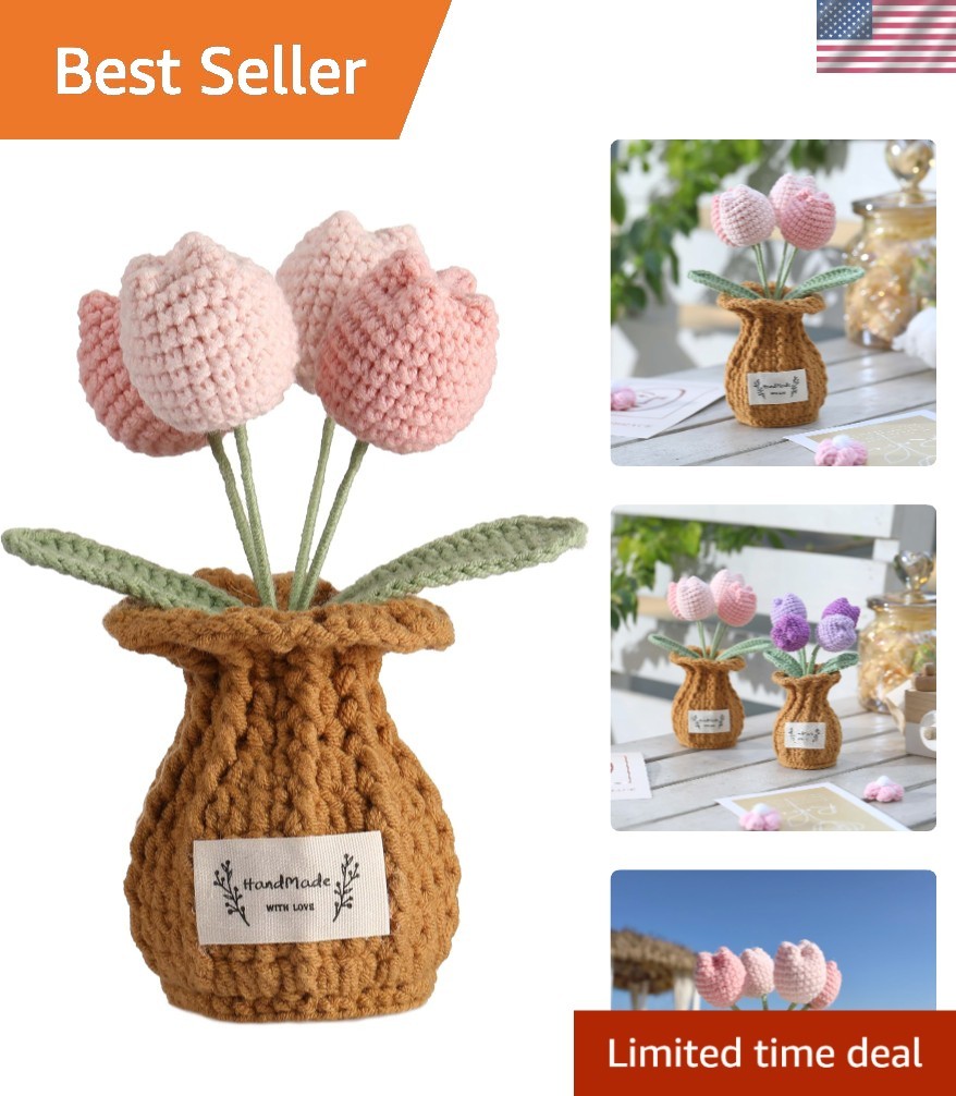 Stunning Soft Pink Crochet Tulip Plant - Indoor Decoration with 4 Flower Buds