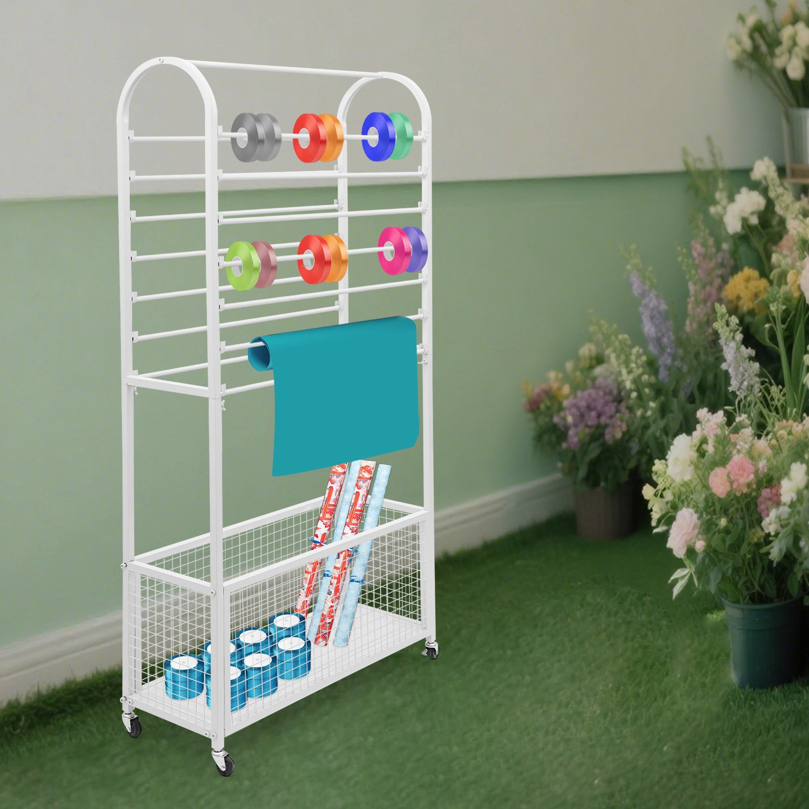 Double-Sided Ribbon Holder, White Ribbon Organizer, Ribbon Storage Display Rack