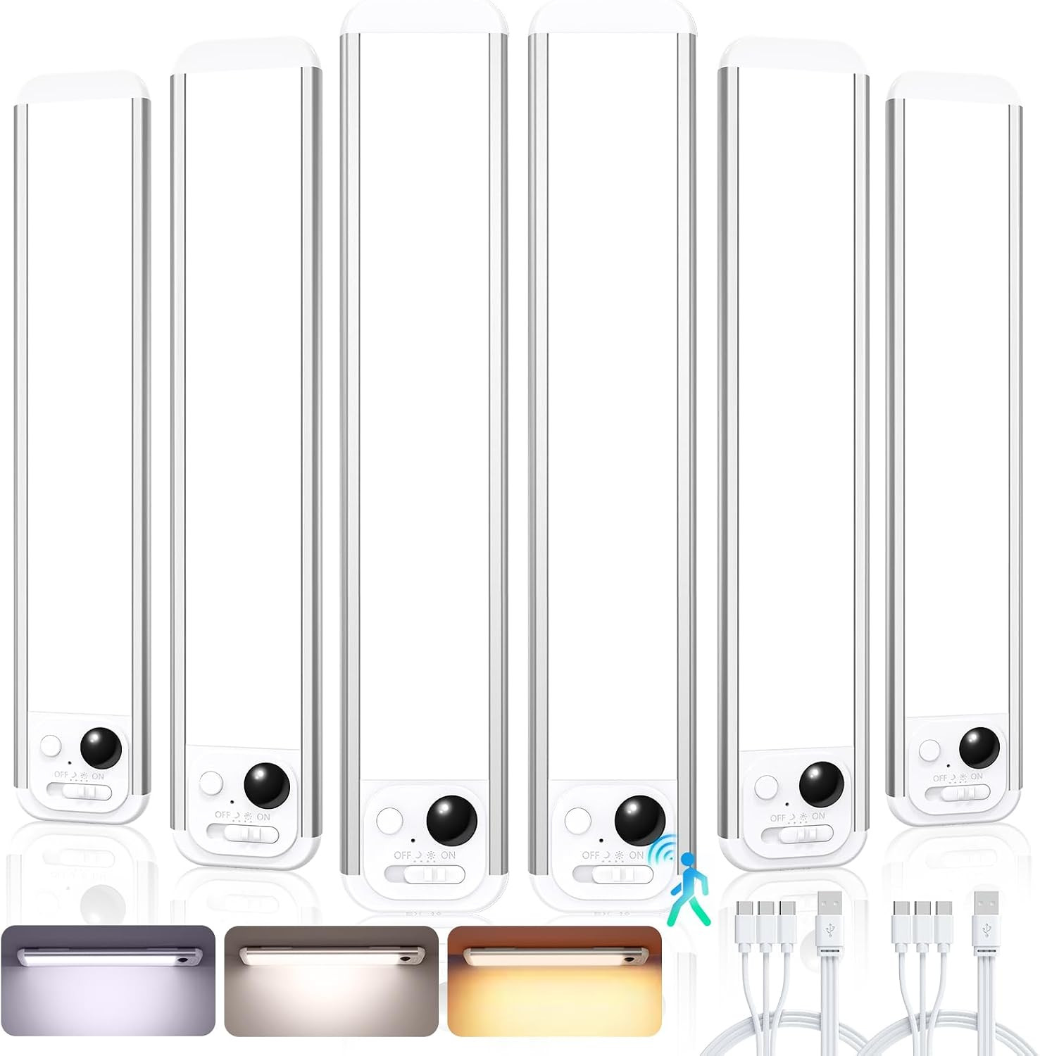 8.5" under Cabinet Lighting 6 Pack, 3 Colors Closet Lights | 48 LED Rechargeable