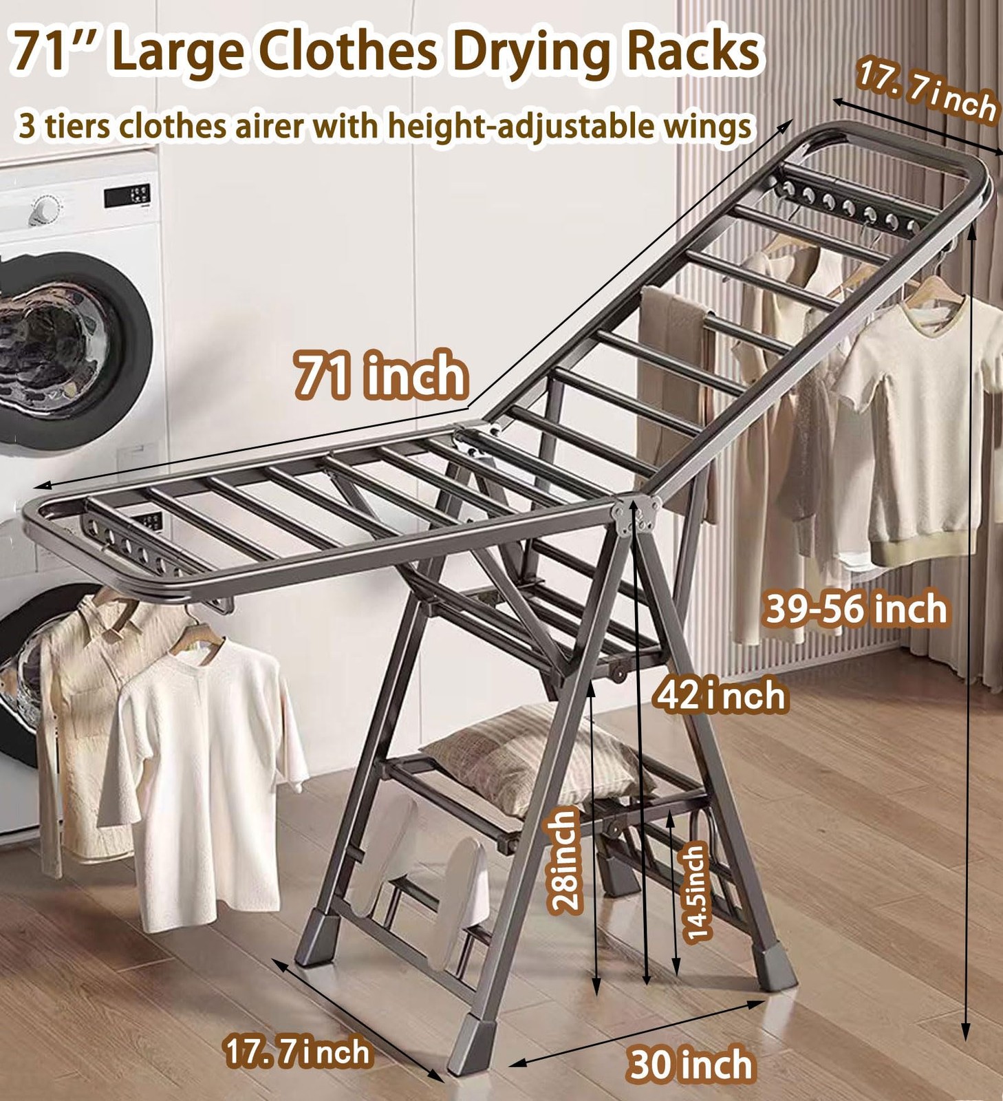 Large Clothes Drying Rack Foldable, 3-Level Metal Laundry Dryer Stand