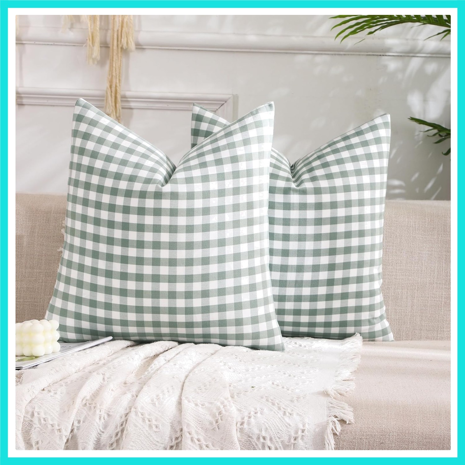 Set of 2 Farmhouse Sage Green Gingham Throw Pillow Covers 18x18 Checkered Pla...