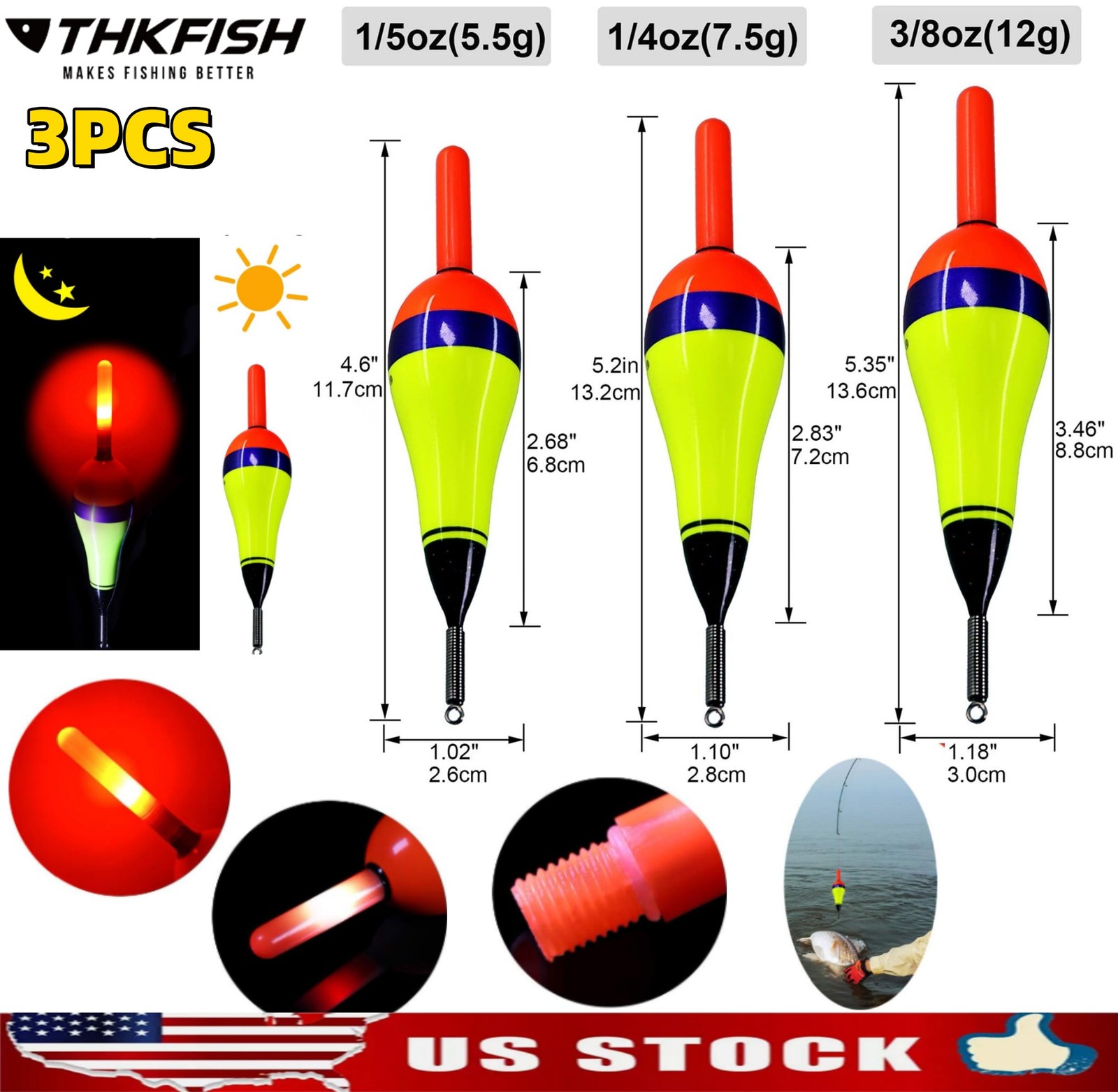 3PCS LED Light Bobbers Fishing Floats Fishing Bobbers Night Fishing for Crappie