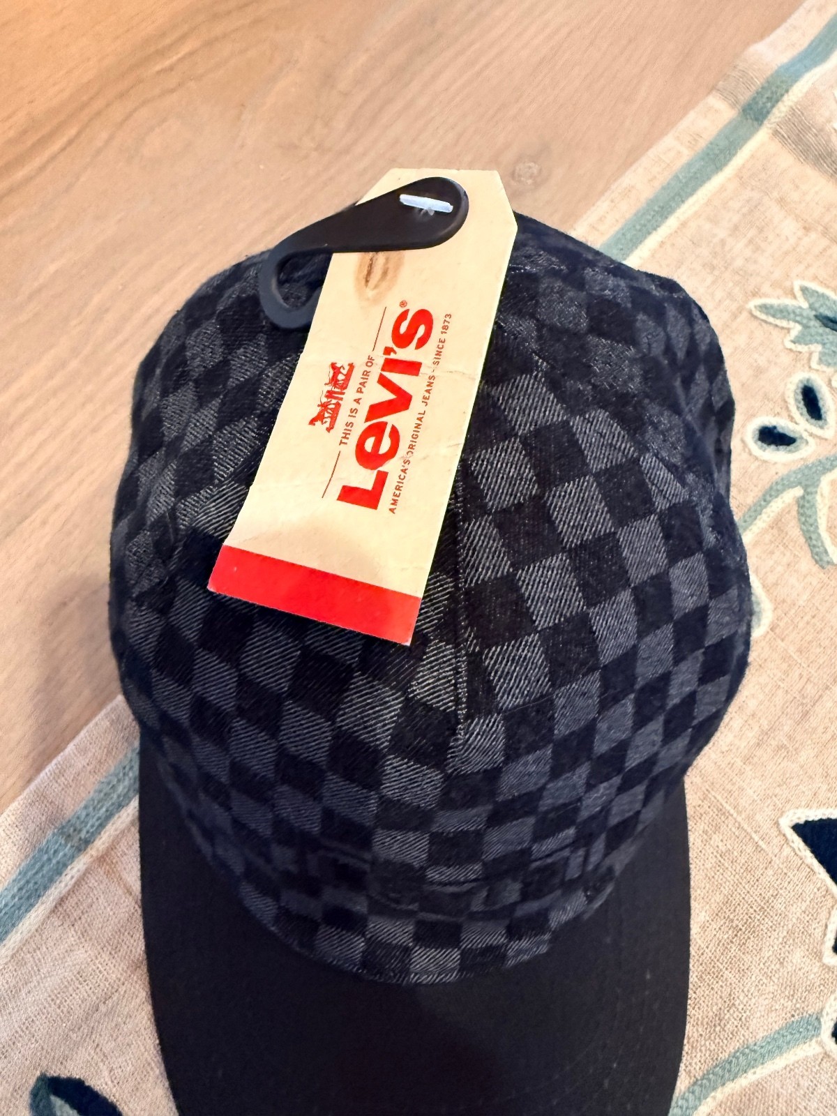 Levi's Black and Gray Checkered Baseball Cap with Adjustable