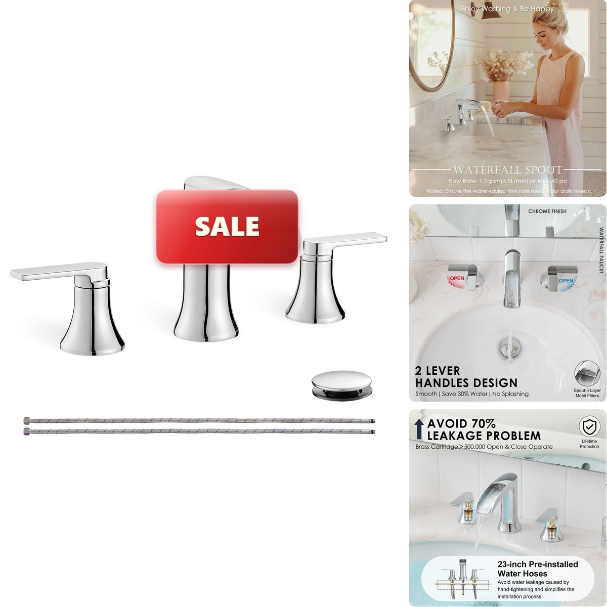 HOIGY HY-BF-CA01S-C Chrome 4-8" 3 Hole Widespread Bathroom Faucet 2 Handle Brass