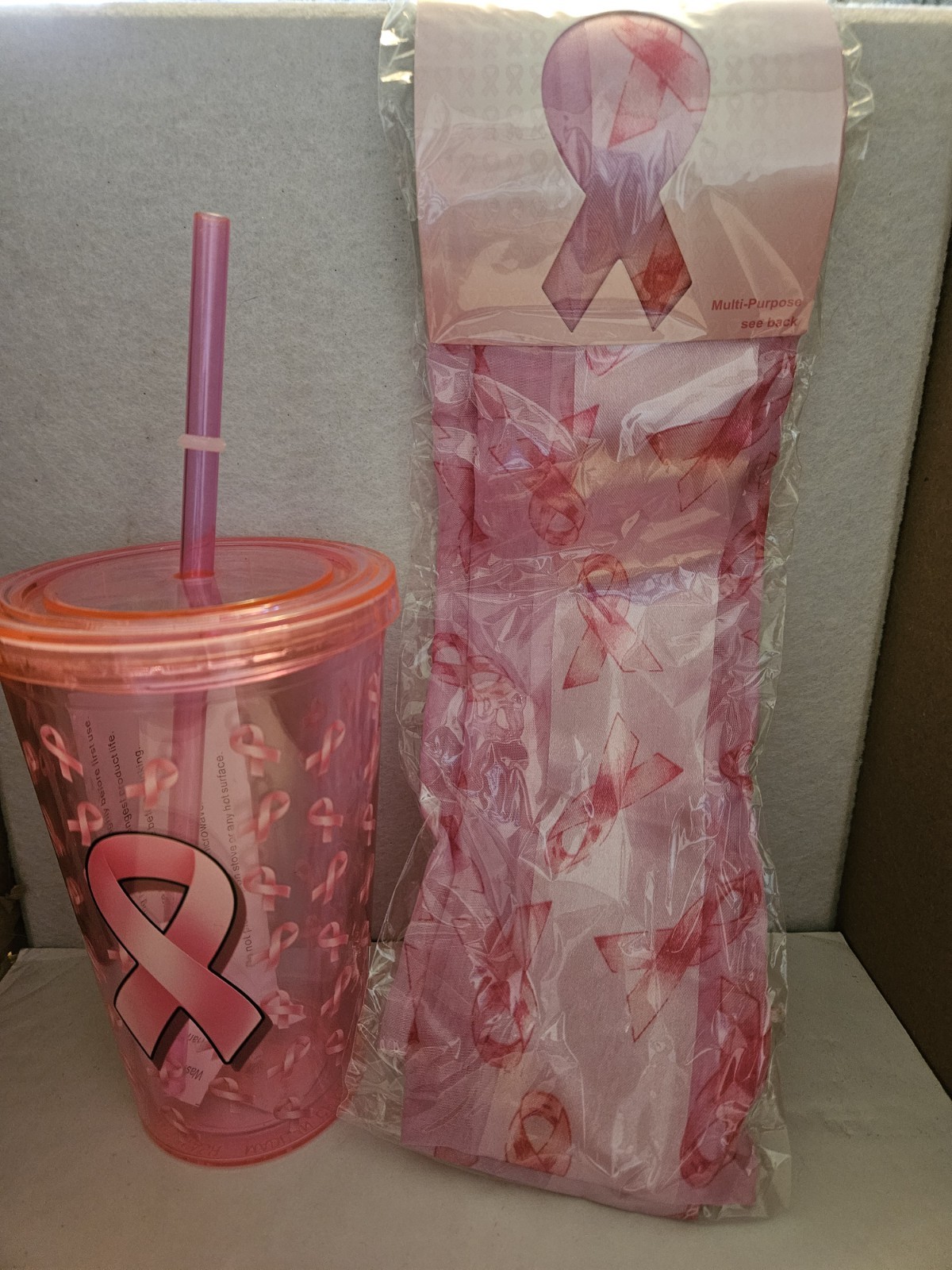 Pink Acrylic Breast Cancer Awareness Plastic Tumbler & Scarf, New