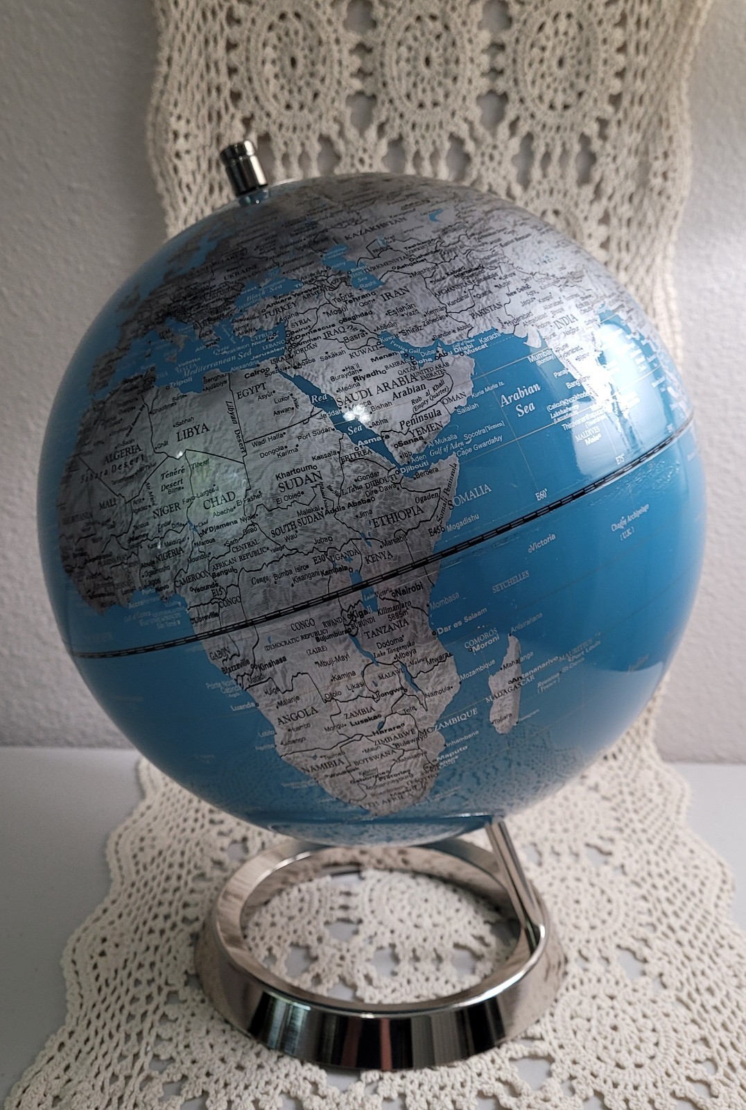 Tabletop World Globe Blue & Silver Sphere Stainless Steel Frame 12.5 in Tall