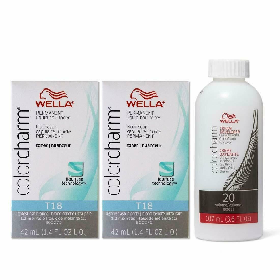 WELLA Color Charm T18  Lightest Ash Blnd Toner 2 pcs with 20 Vol. Dev 3.6oz