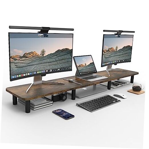 Dual Monitor Stand - 43.7 inch Extra Long Wide TV Stand - Wood & Steel Vintage