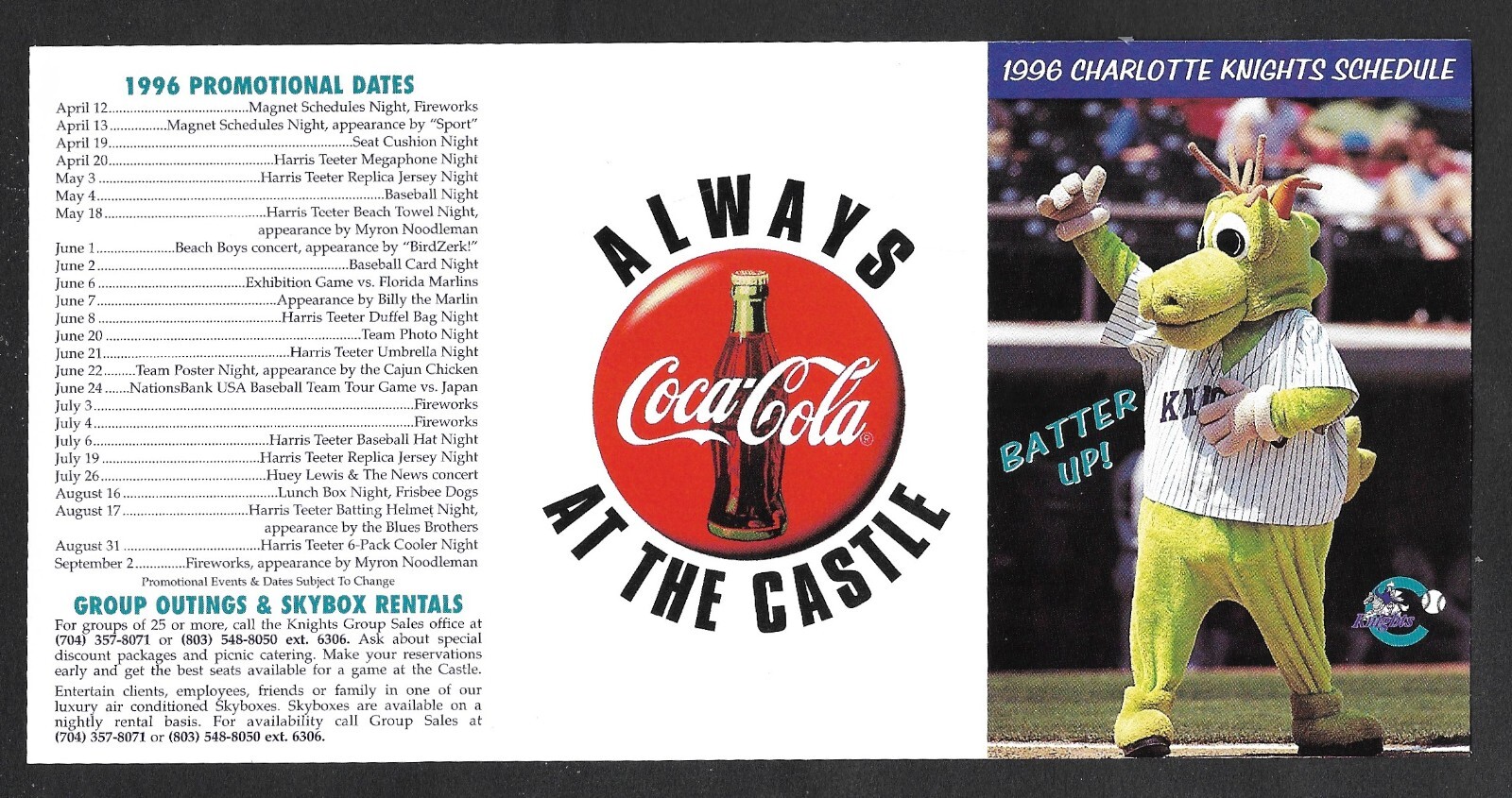 1996 CHARLOTTE KNIGHTS  Coke  Regular Season  POCKET SCHEDULE  EX-MINT