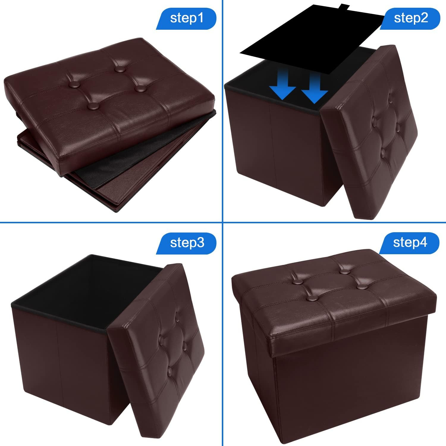 Storage Ottoman, Folding Foot Stool with Thicker Foam Padded Seat Small Leather