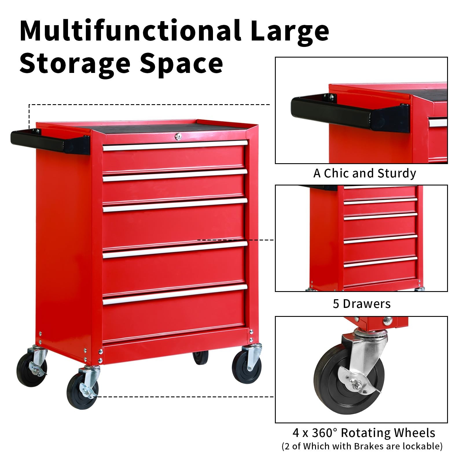 Rolling Tool Chest 5 Drawers, Portable Tool Storage Cabinet with Wheels, Red