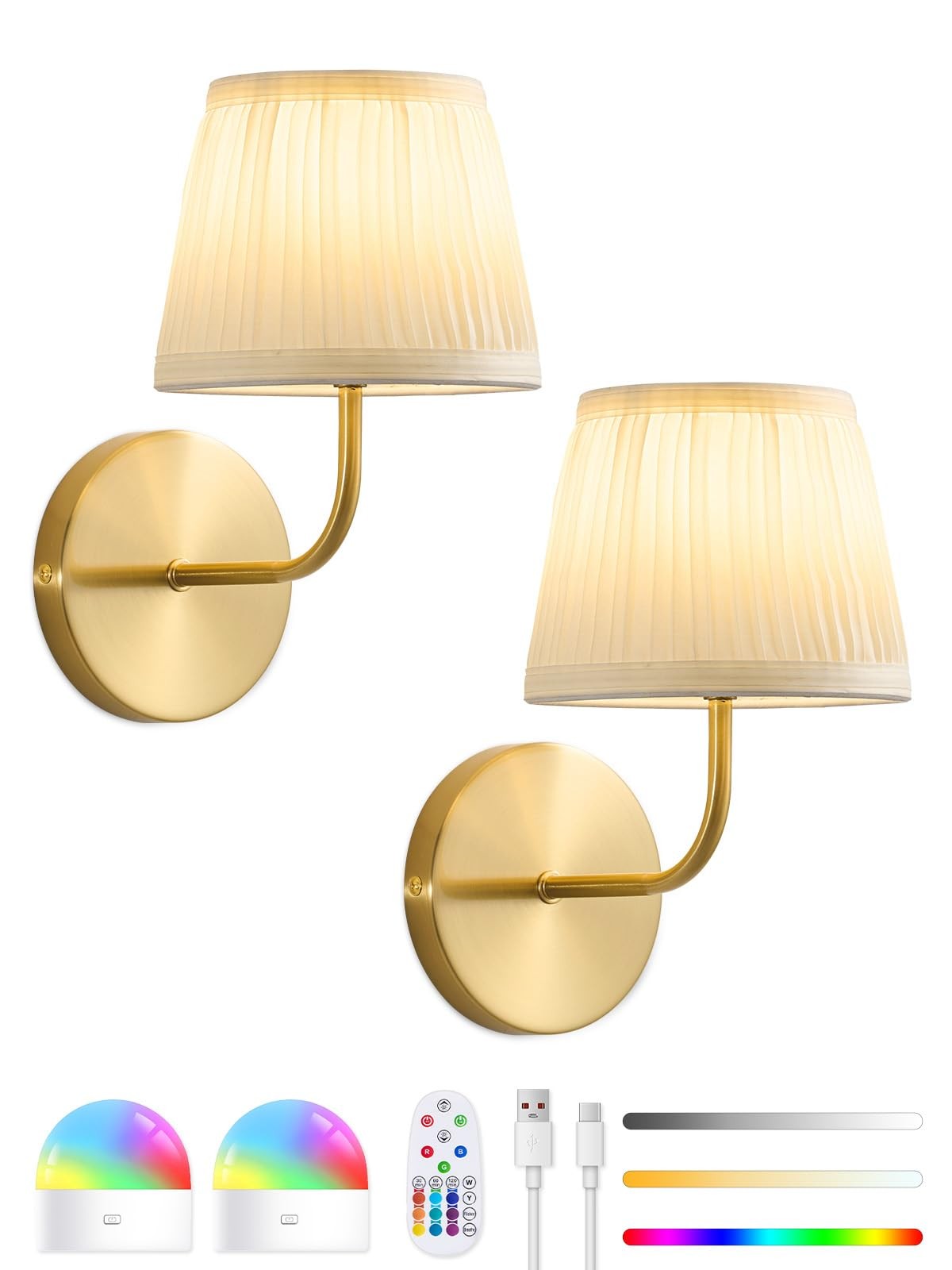 Rechargeable Wall Sconces Set of 2 - 5200mAh Cordless Battery Operated Wall S...