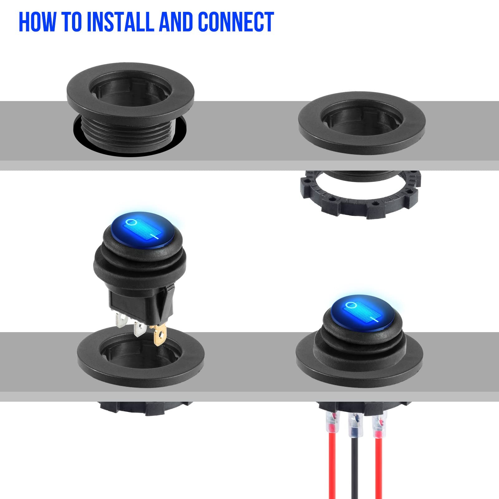Toggle Switch 12 Volt Waterproof Blue LED Round Rocker 2 PCS SPST 3 Pin 12V/20A