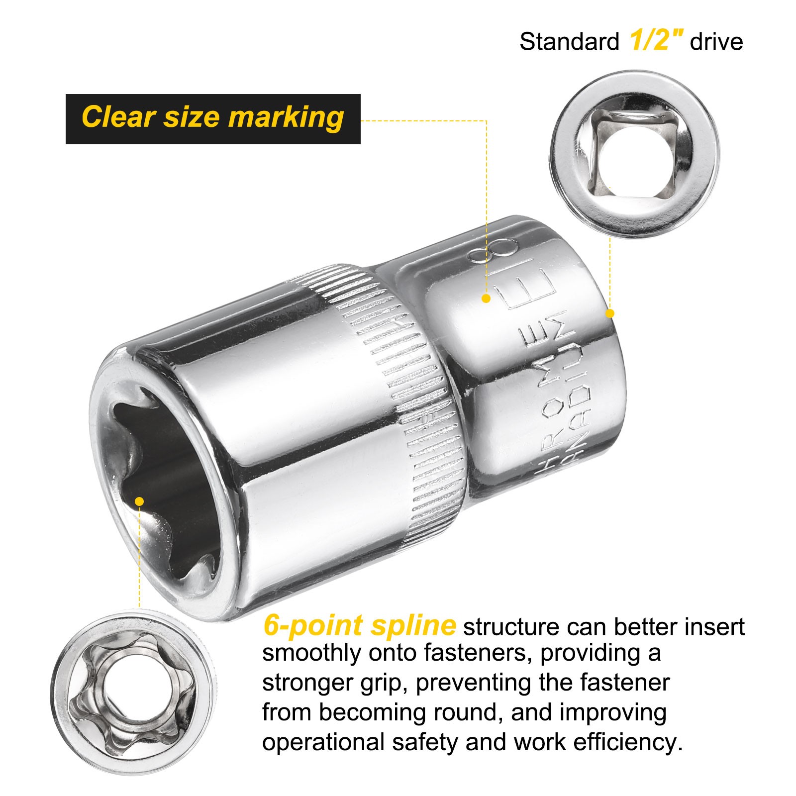 E-Torx Socket 1/2" Drive E18 Star Socket 1.5" Length 6 Point Spline Sleeve