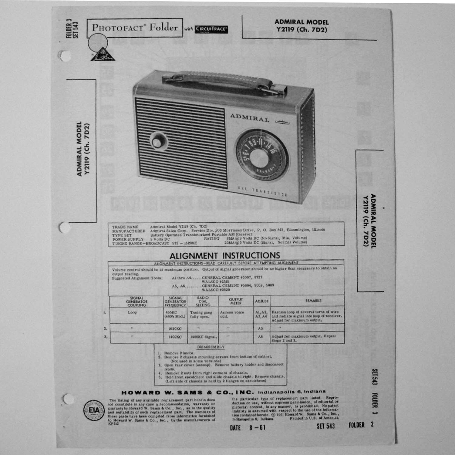Admiral Model Y2119 Portable Transistor Radio - SAMS Photofact ™ 1961 - New NOS