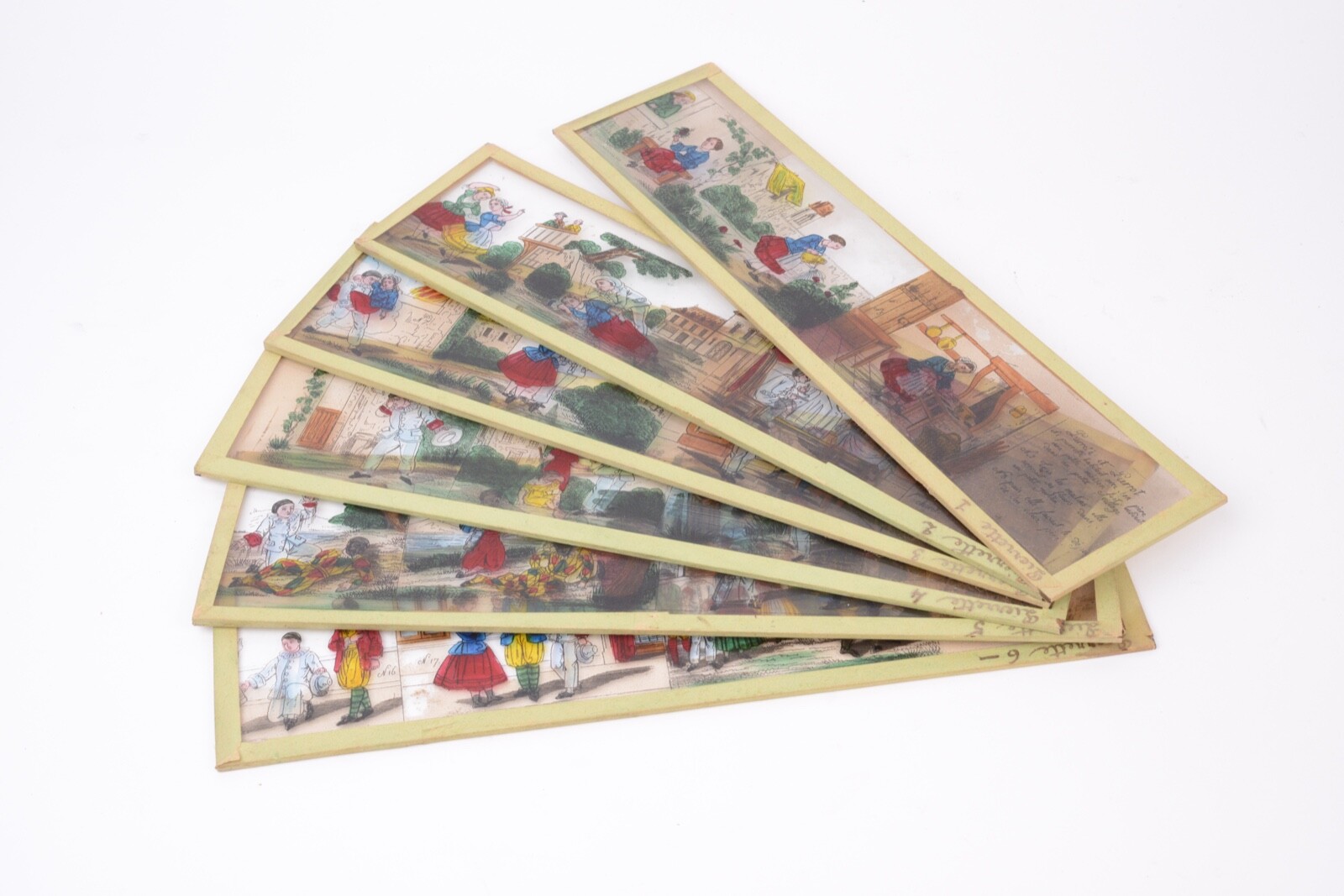 Set of 6 Magic Lantern Plates.  Format 6.5x 24 cm. Pierrette et Pierrot
