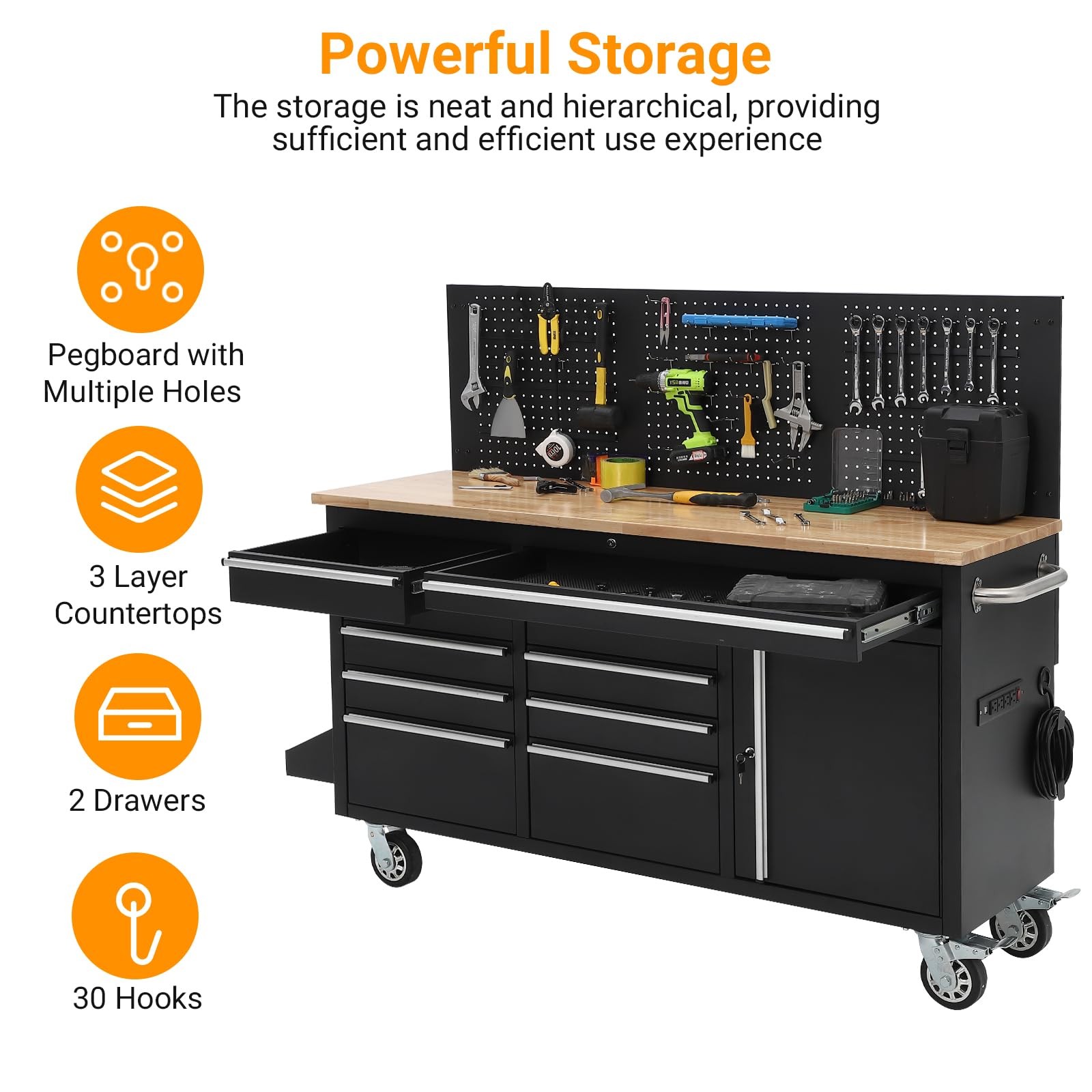 Rolling Tool Chest 61", 10 Drawers, Power Outlet, Solid Rubber Wood Top