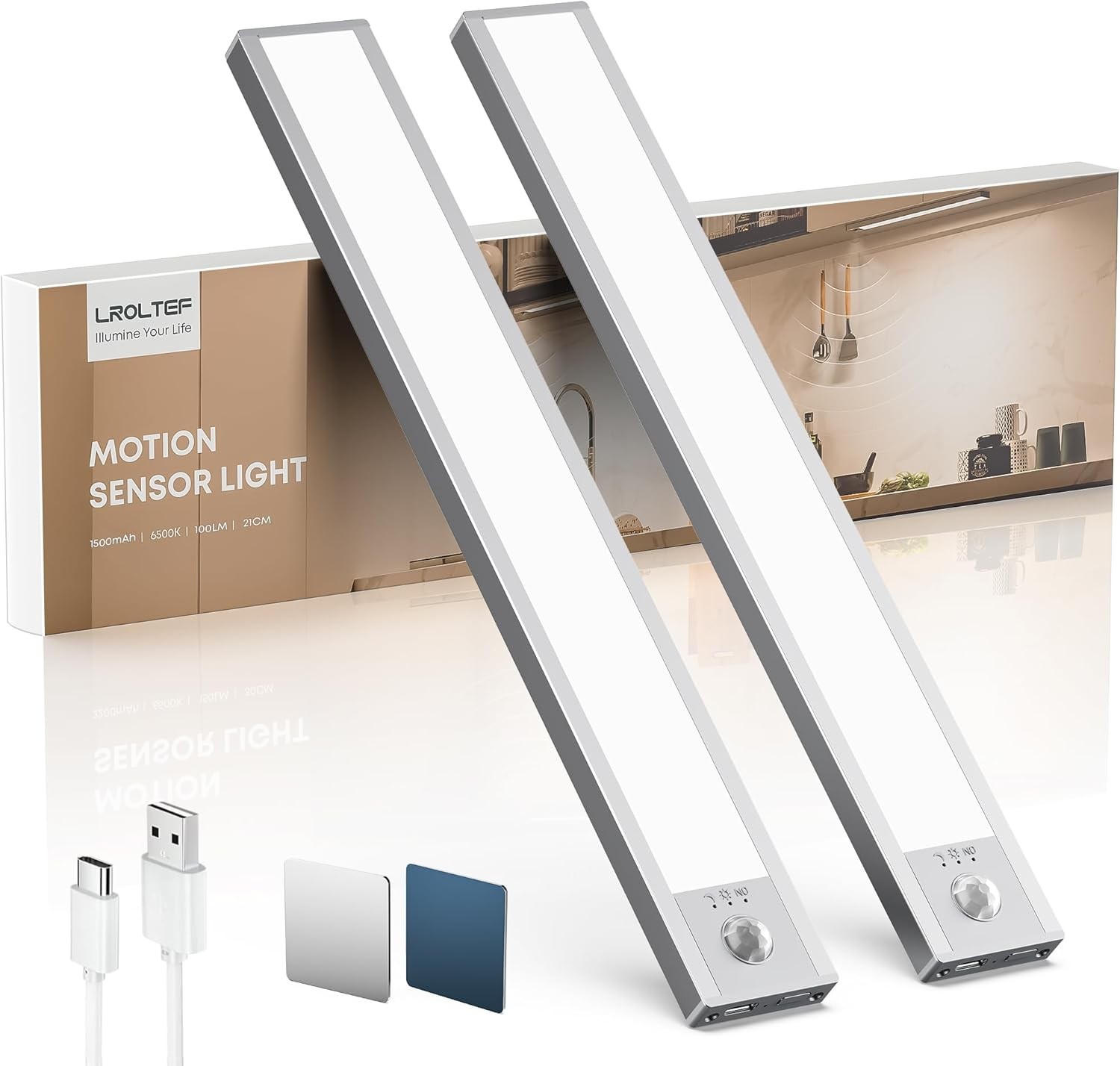 LED Under Counter Lights 2 Pack Motion Sensor 21cm 1500mAh Kitchen Closet Shelf