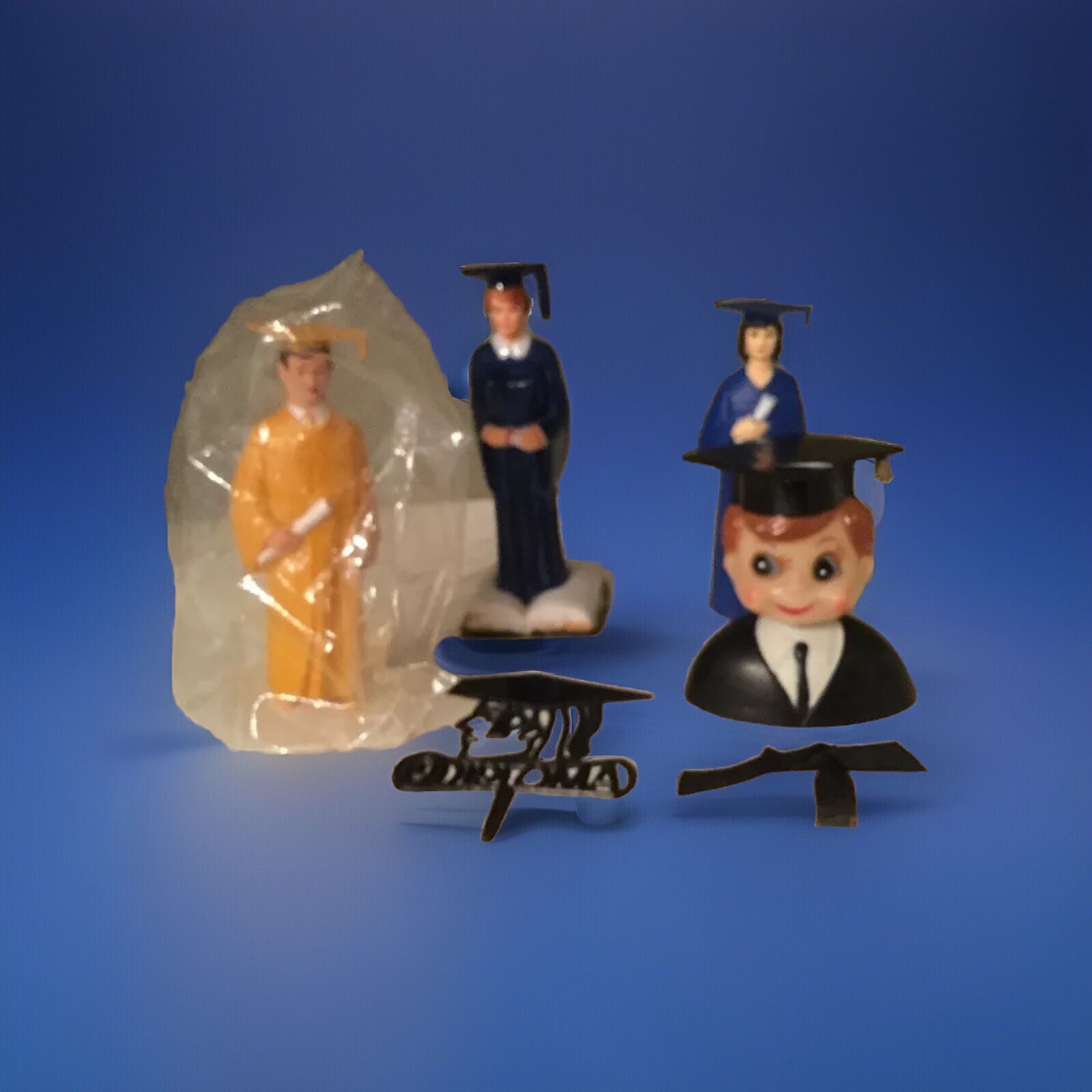 Vntg Lot of Plastic 6 Cake Top Figurines Graduation Theme, Excellent Condition
