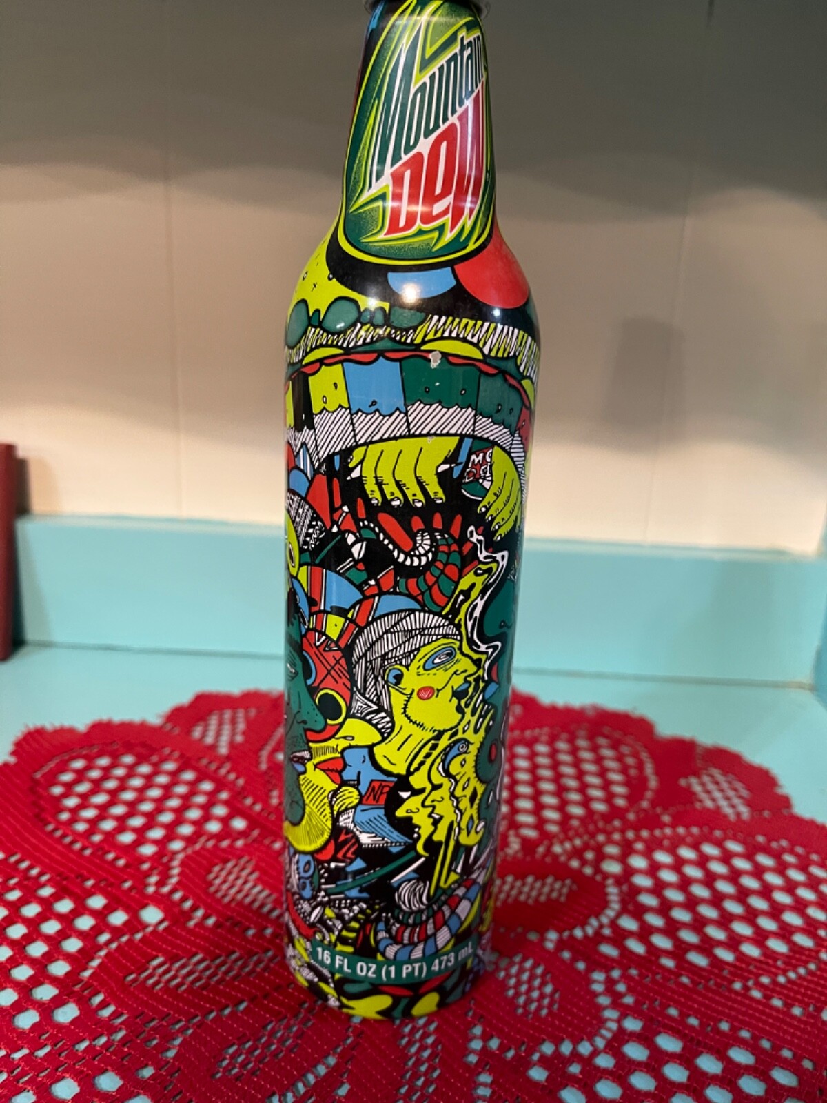Mountain Dew Green Label Art aluminum bottle collector item. GREENLABELART.COM