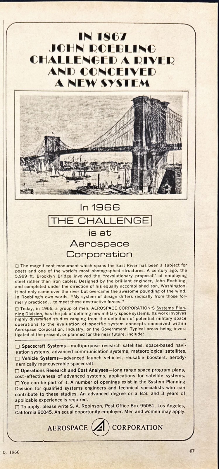 Aerospace Corporation Space Program The Challenge Vtg Print Ad 1966
