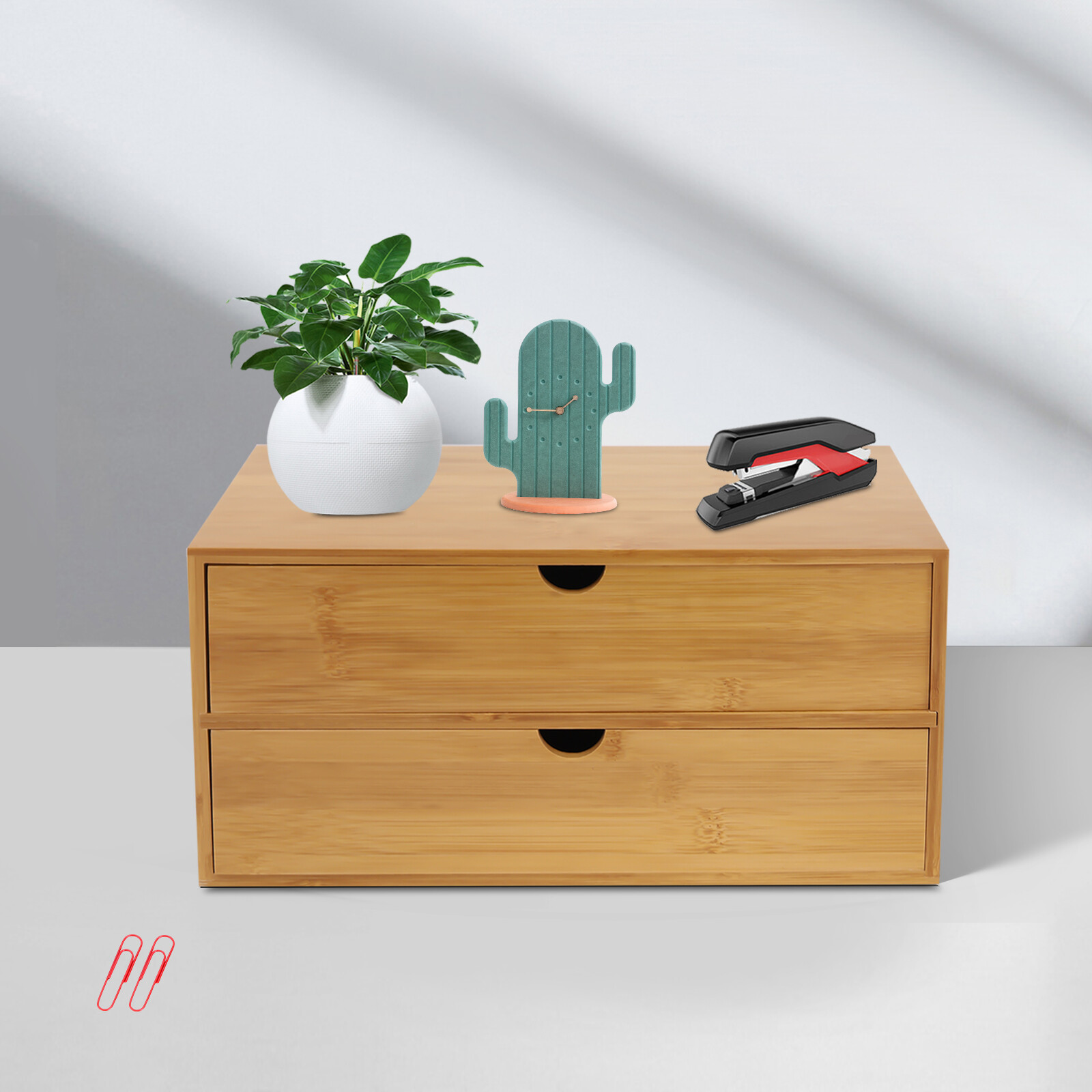 Desktop Organizer with 2 Drawers Bamboo Tabletop Storage Cabinte Rectangular TOP