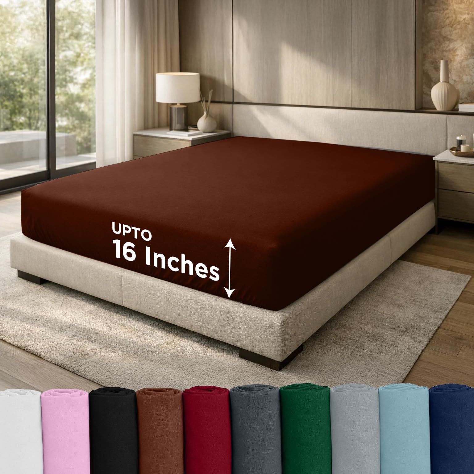 100% Cotton Jersey Fitted Sheet, Full, Brown, 16 Inch Deep Pockets, Ultra Sof...