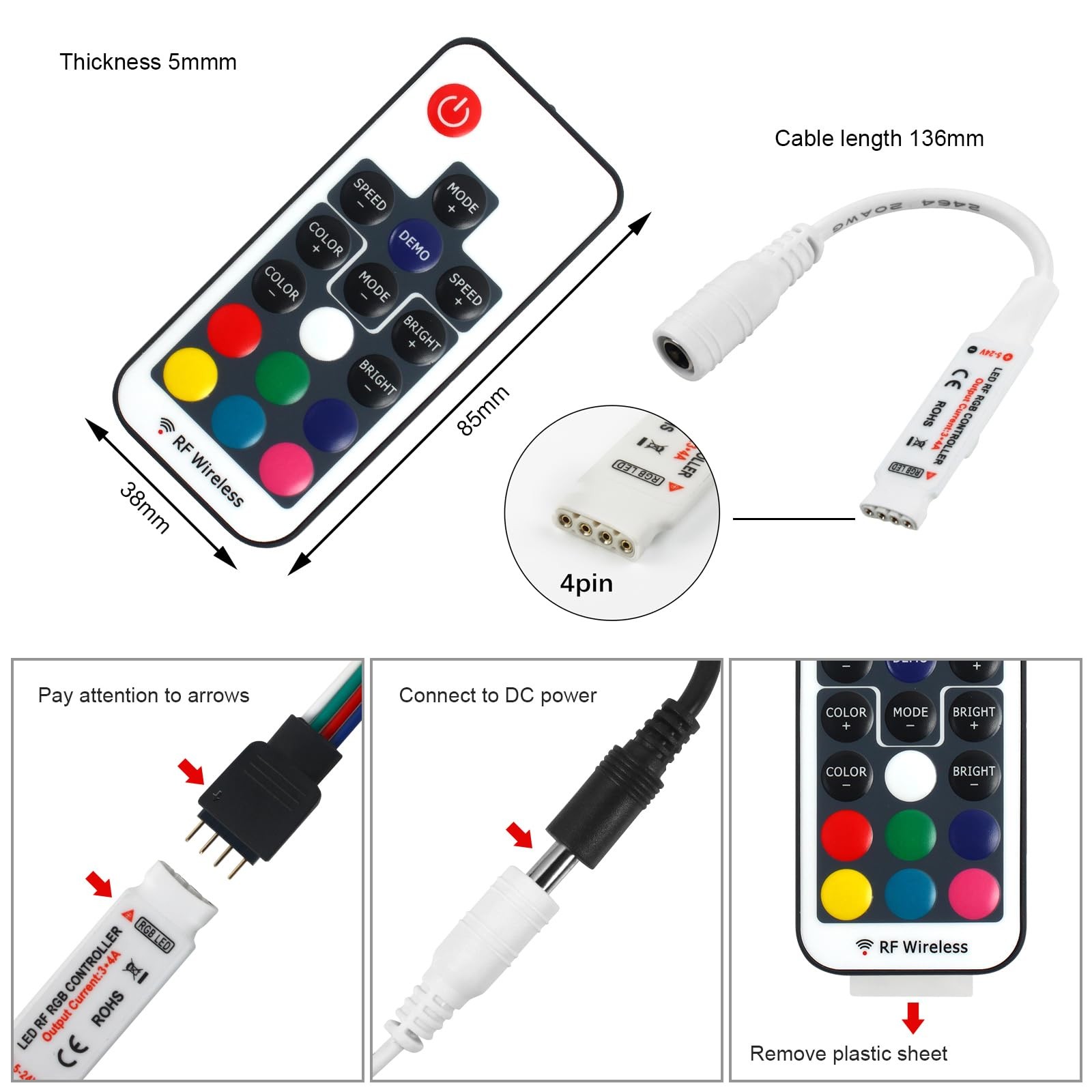 VIPMOON 17 Key RF Wireless Remote LED Controller, DC 5V/12V/24V Mini RGB