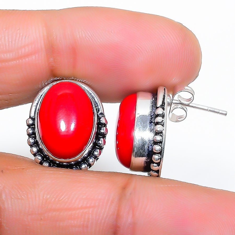 Red Coral Gemstone Handmade 925 Sterling Silver Jewelry Stud Earring Size 0.75"