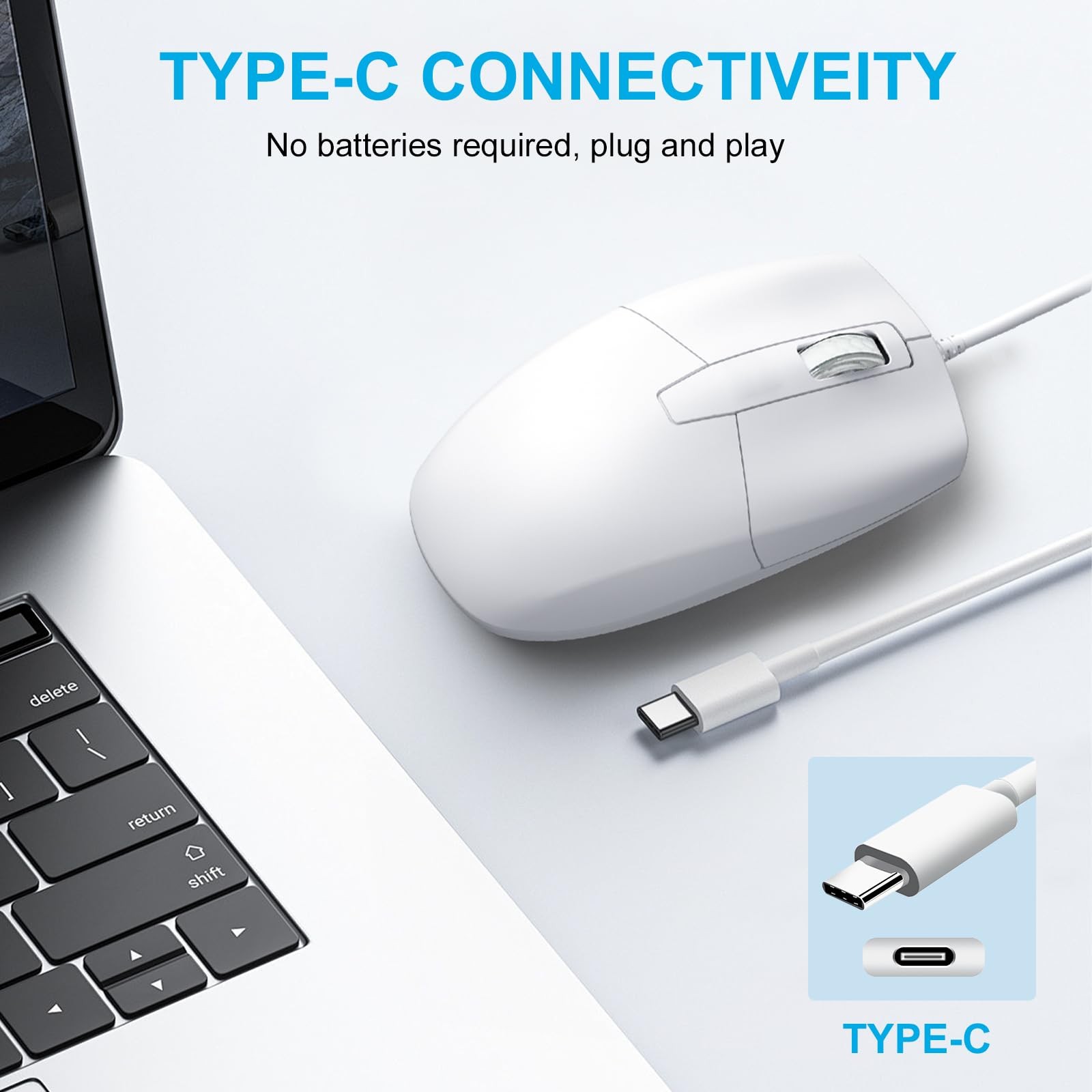 LOONASA USB C Wired Mouse, Type C Optical Portable Silent WiredWhite