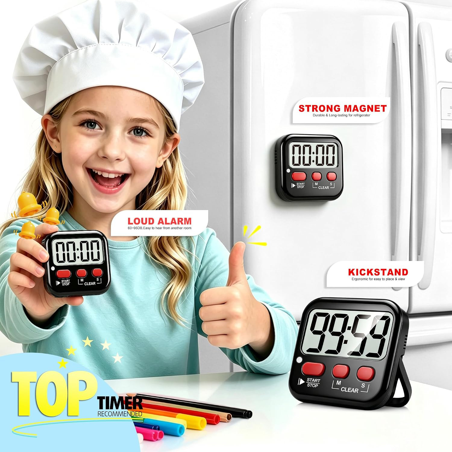2 Pack Digital Timer for Kids, Magnetic Countdown Kitchen Timers for Cooking, Eg
