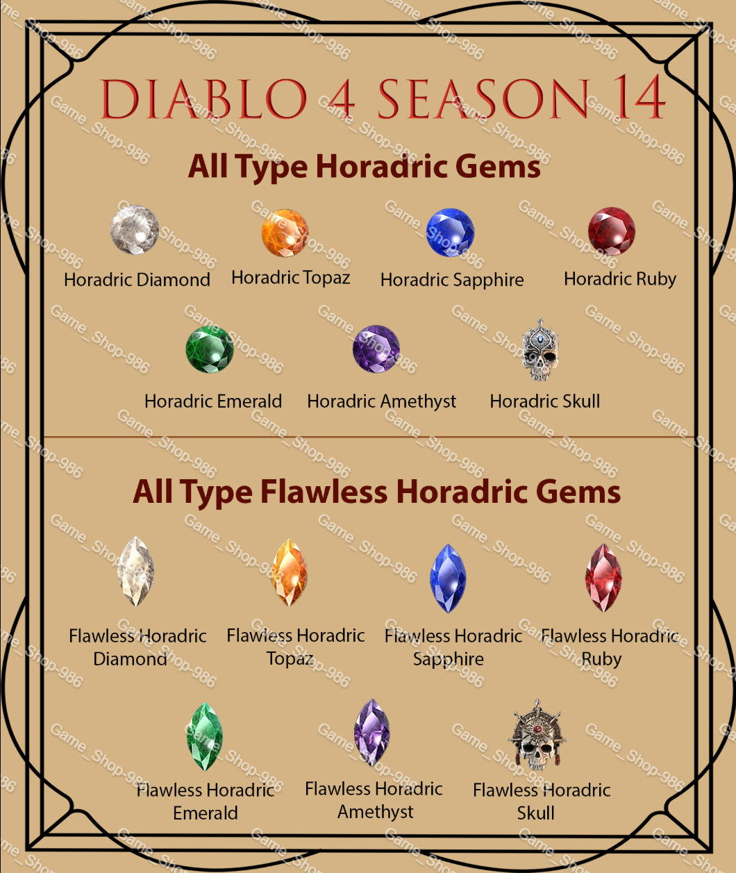Diablo 4 S14 Season 14 All Type Horadric Gem / Flawless Horadric Gem Gems D4
