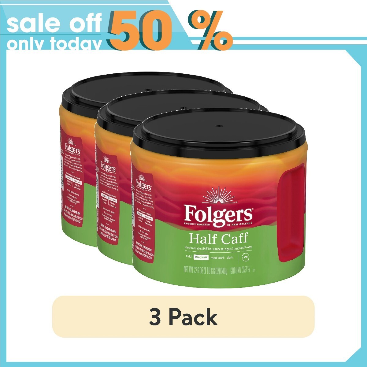 (3 pack) Folgers Half Caff Ground Coffee, Medium Roast, 22.6-Ounce Canister