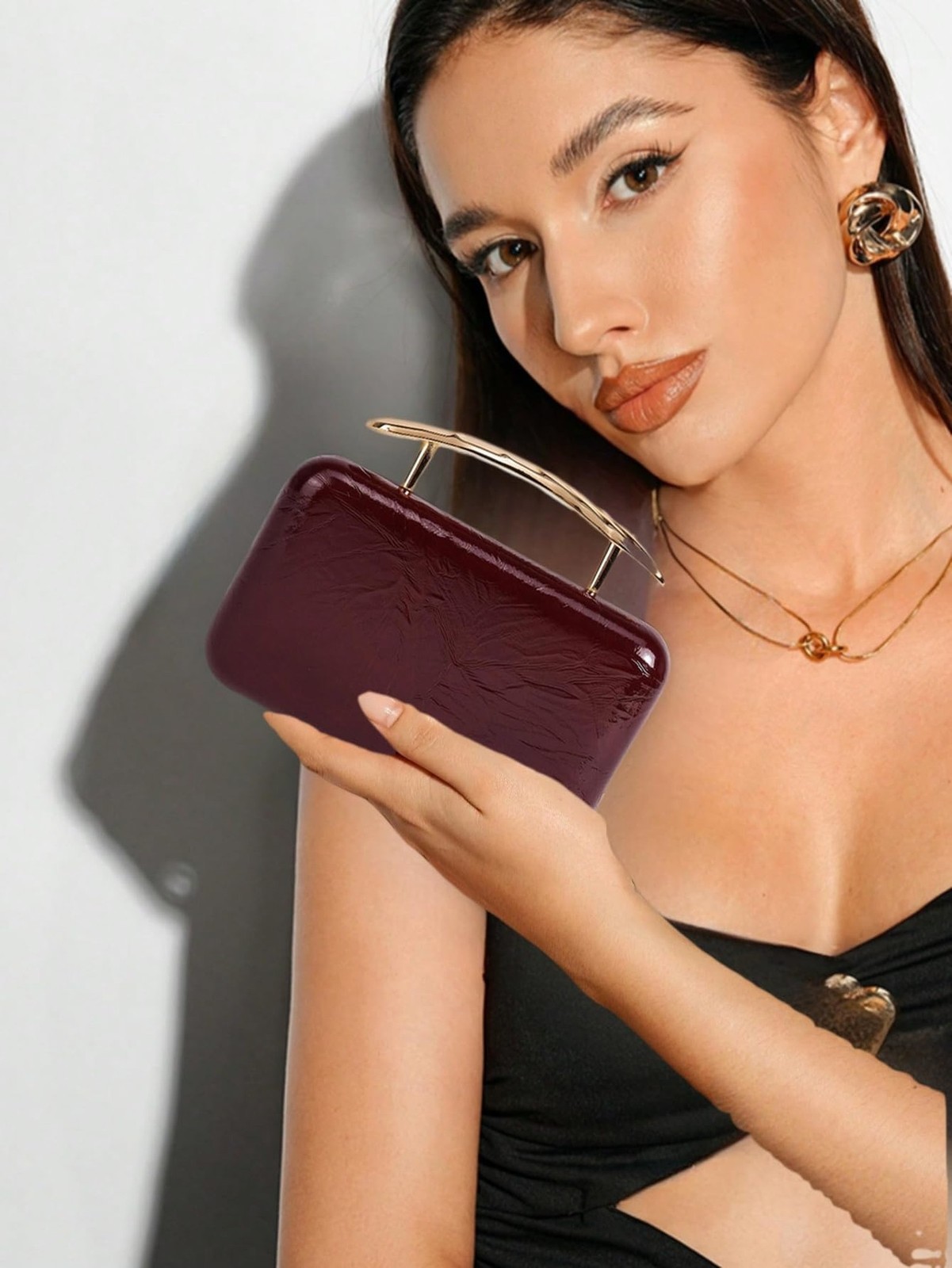 PU Leather Sculptural Mental Top Handle Cultch Bag Chic Stylish Square Purse ...