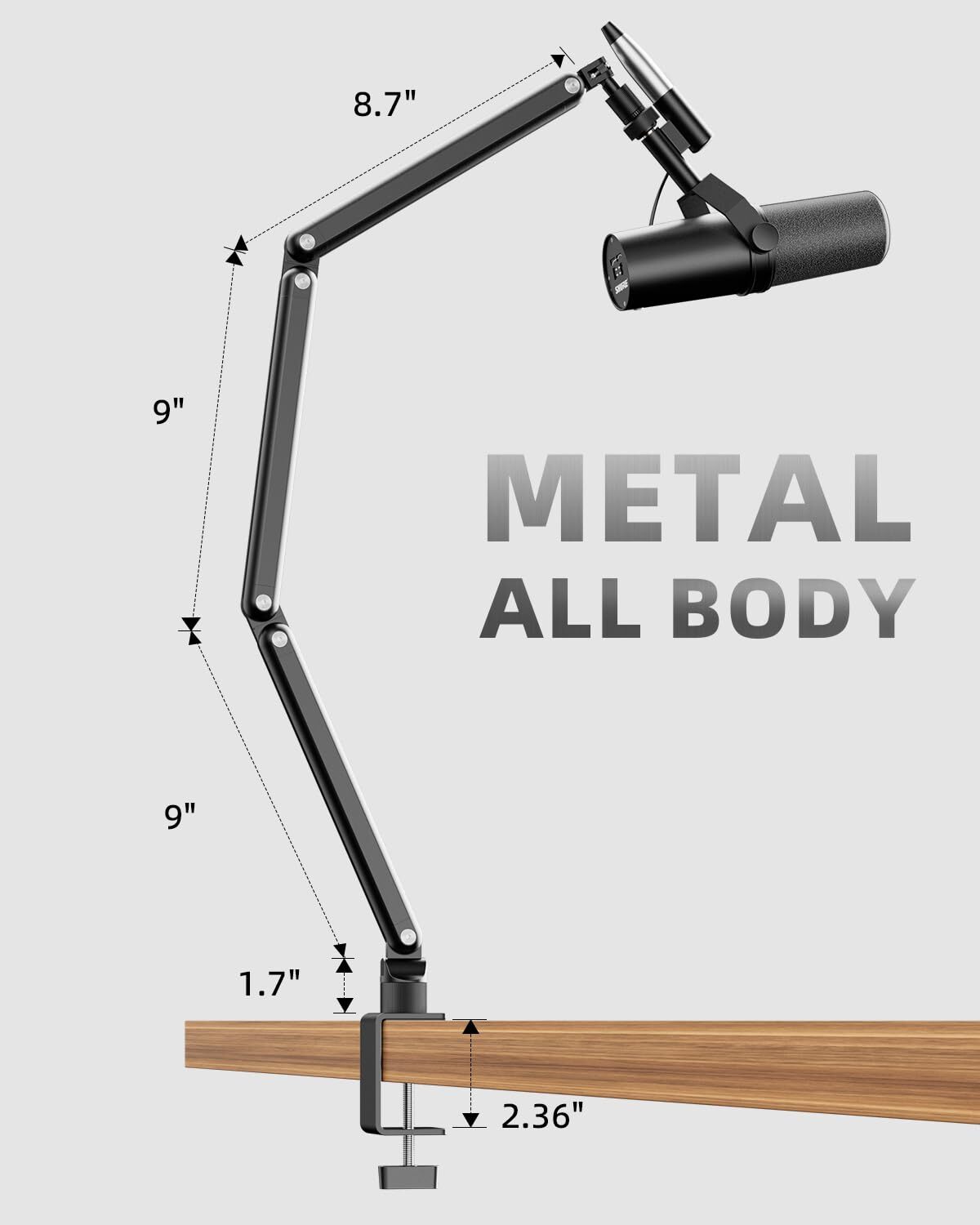 Rotatable Mic Arm with Clamp Boom Arm for Light Mics 3/8'' 5/8'' Thread