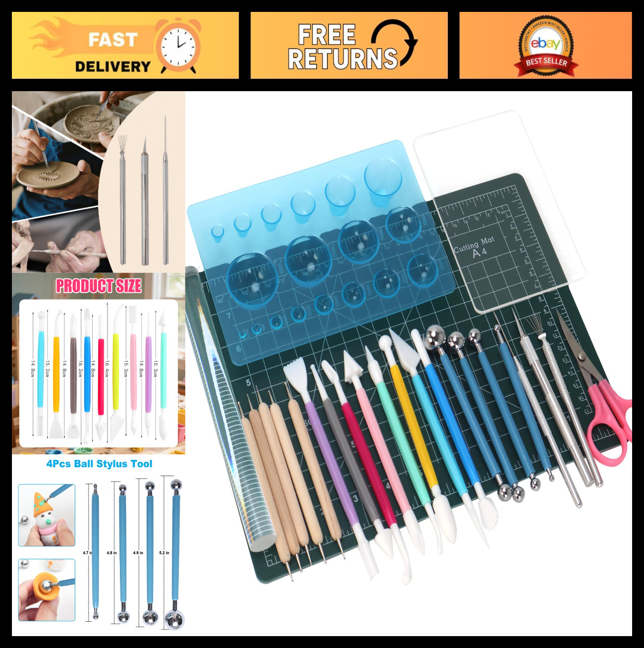 Polymer Clay Sculpting Tools Set - Acrylic Roller, Clear Press Board & Carving T