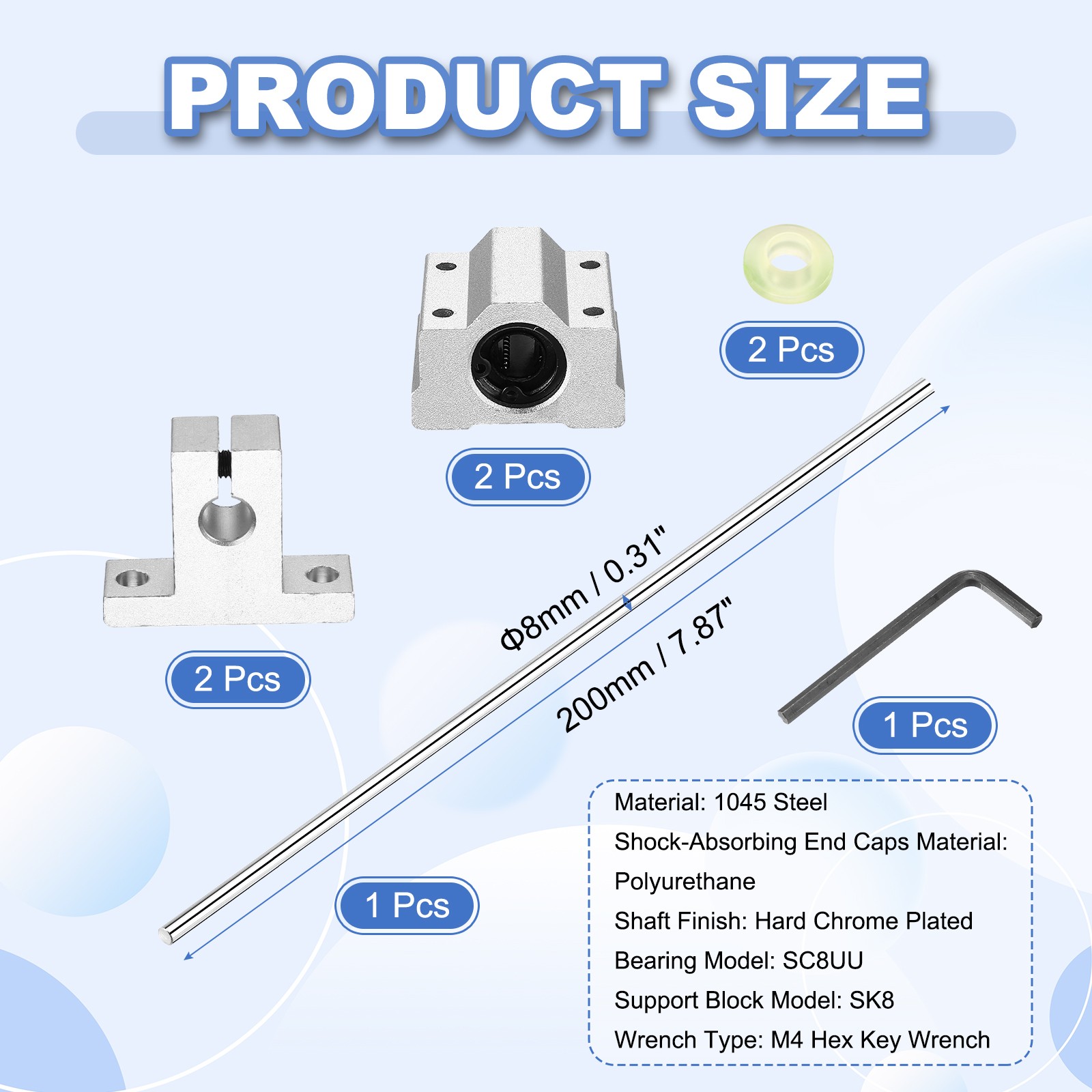 8mm x 200mm Linear Motion Rod Shaft Set, Linear Guide Rails for 3D Printer