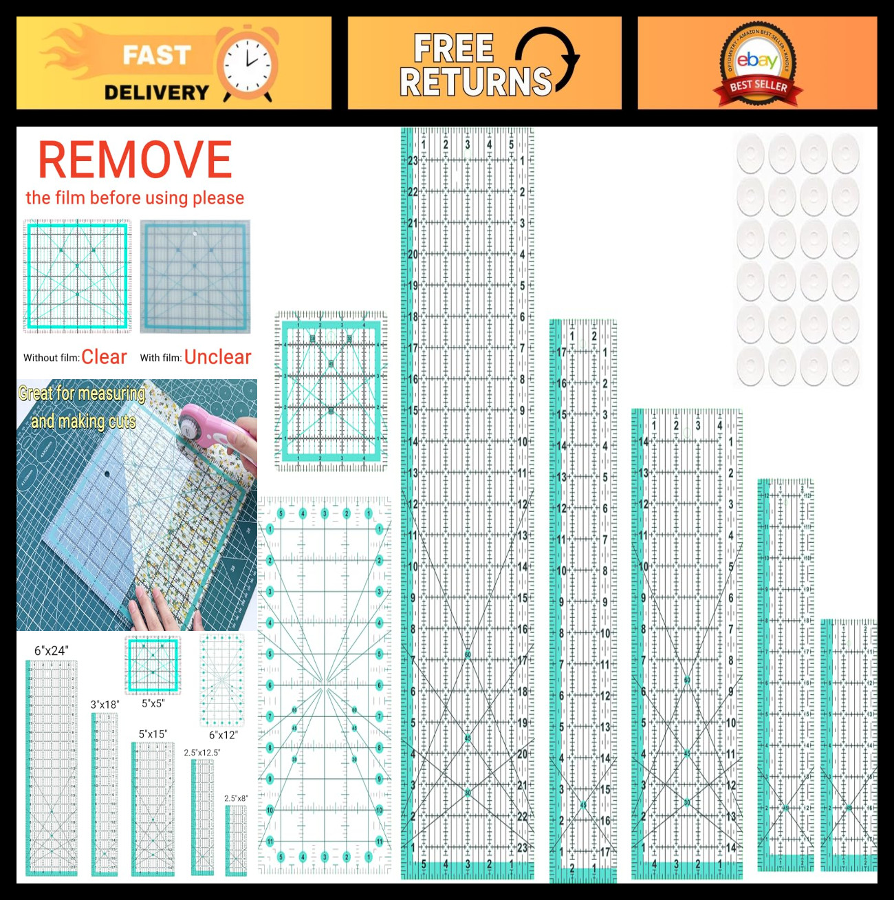 7 Quilting Rulers Set - 6"x24", 3"x18", 5"x15", 2.5"x12.5", 6"x12", 2.5"x8", 5"x