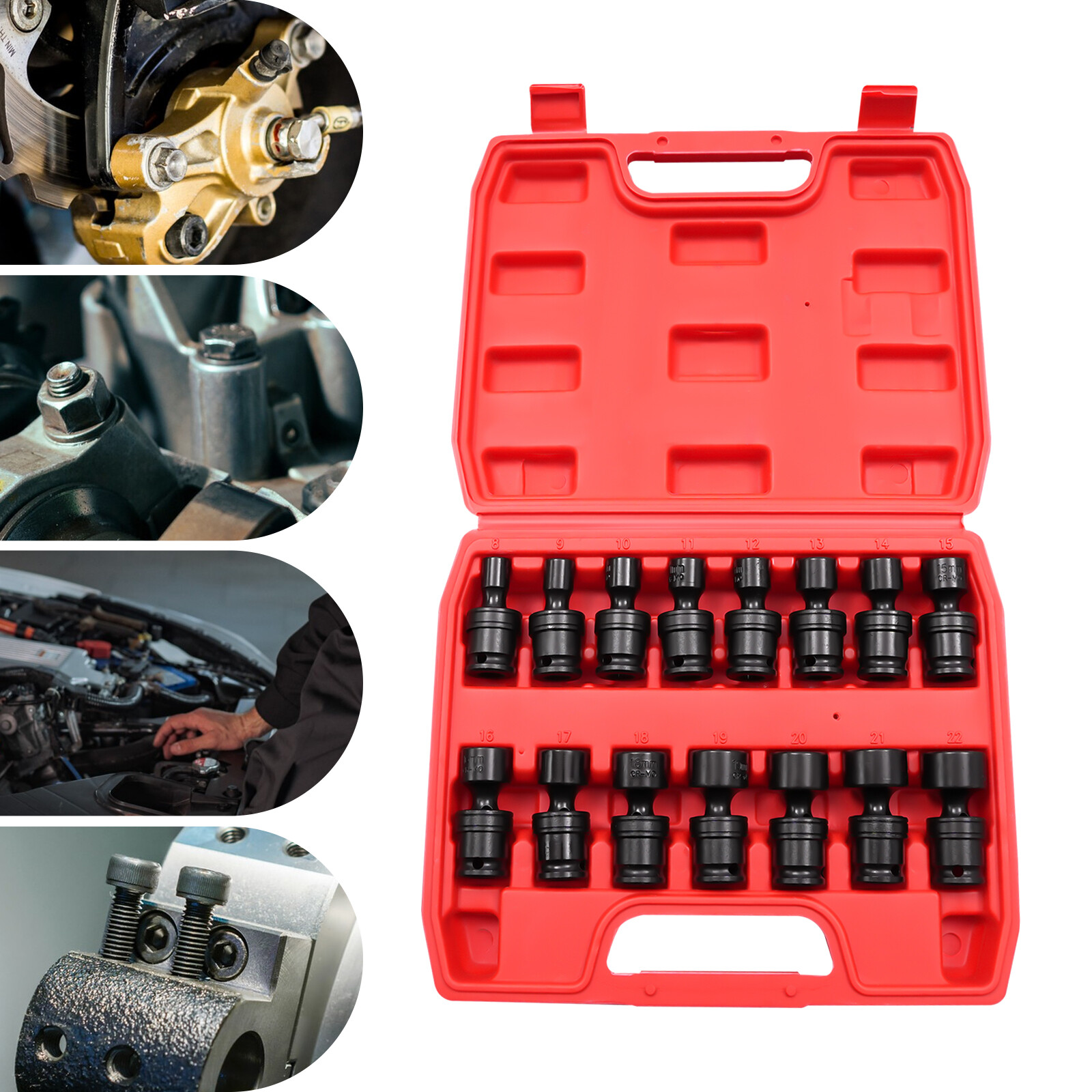 15PCS Universal Joint Socket Set 8-22mm Socket Set Swivel Socket Set 3/8" w/Case