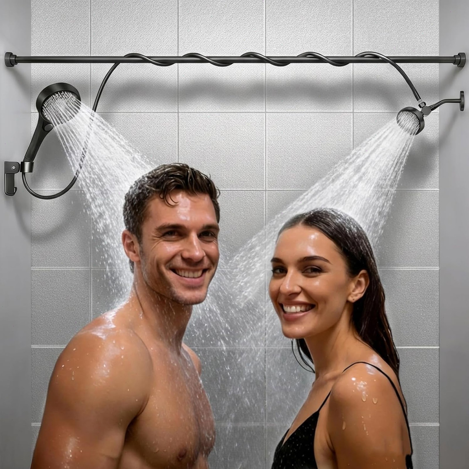 Dual Shower Head with Handheld for Couples Black Double Shower Head 2 People Rod