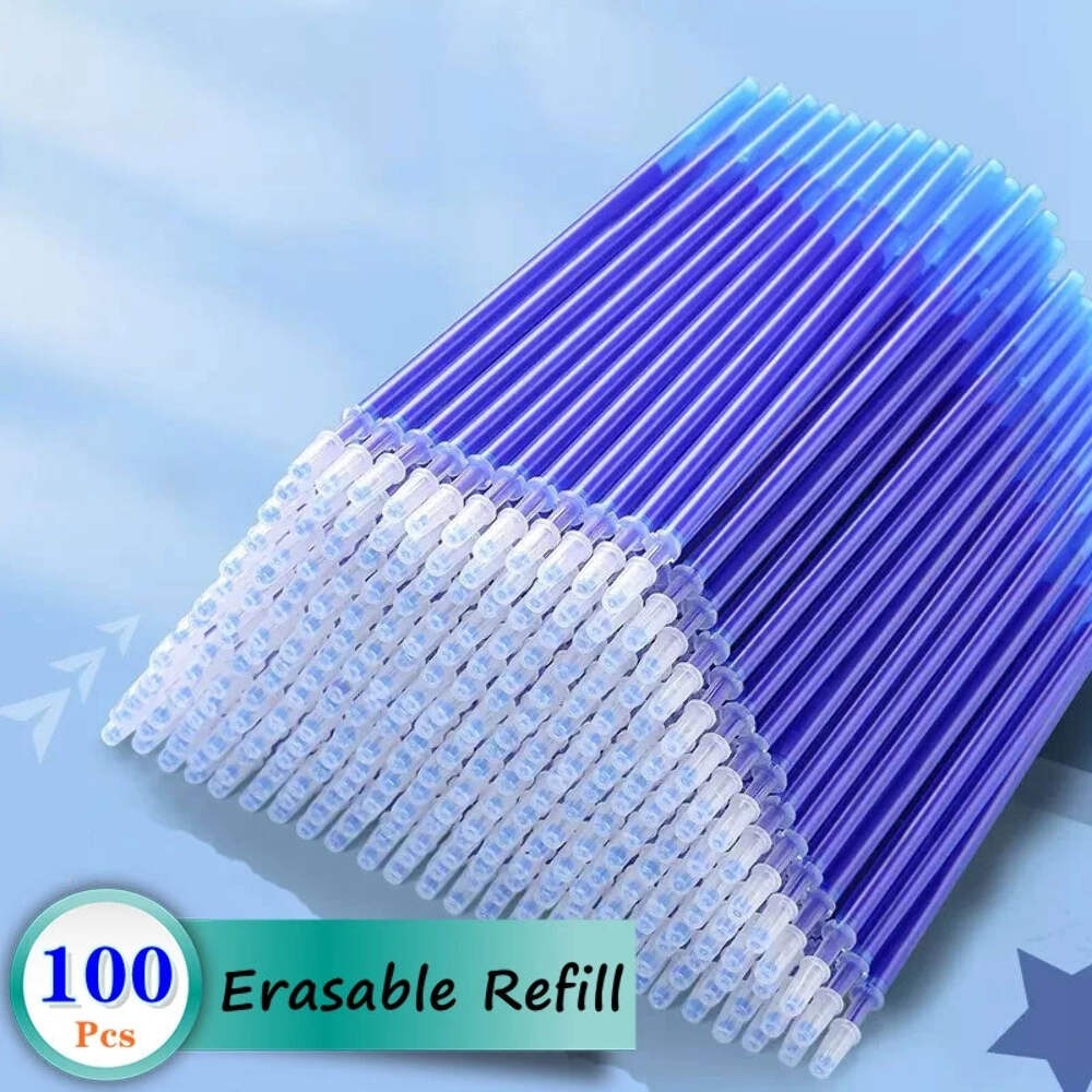 100pc Erasable Gel Pen Refill Set 0.5mm Blue Black Ink Washable Handle Rods